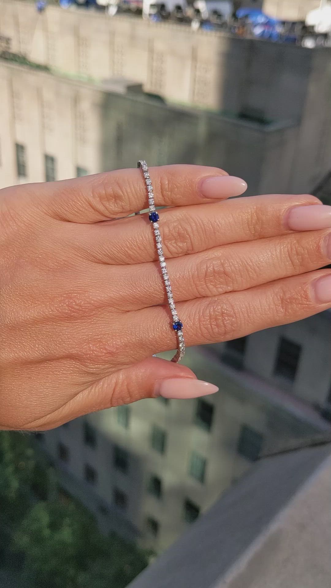 0.71 Ct.Tw.Total Carat Weight Blue Sapphire and Natural Diamond Pave Bracelet, 14K White Gold Size Video