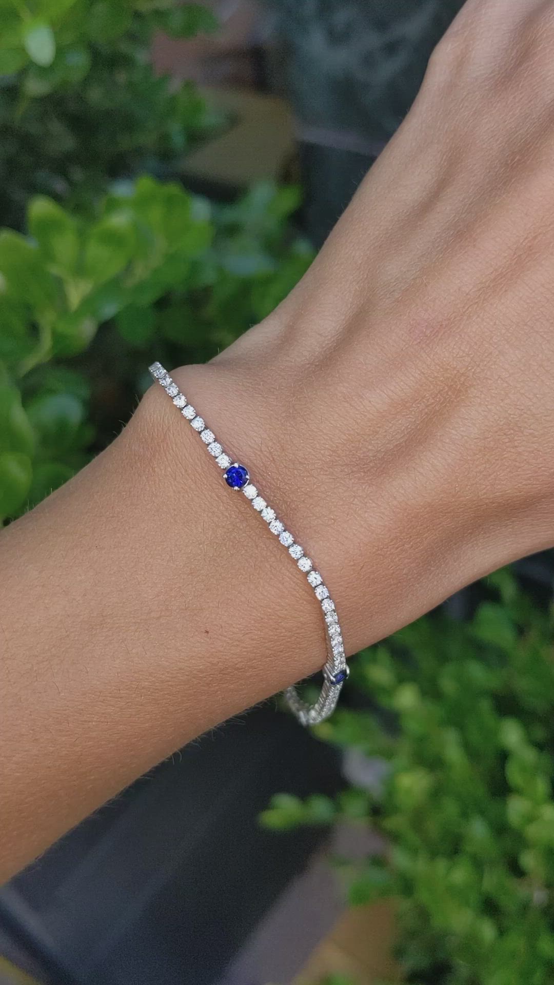 0.71 Ct.Tw.Total Carat Weight Blue Sapphire and Natural Diamond Pave Bracelet, 14K White Gold Size Video