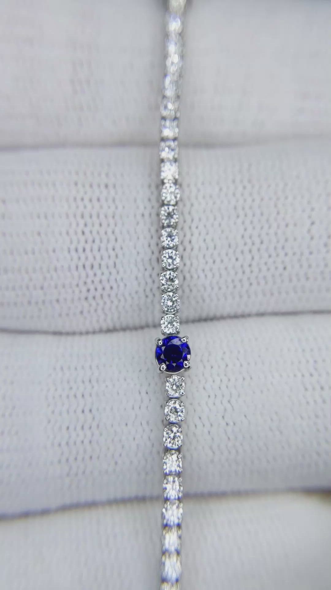 0.71 Ct.Tw.Total Carat Weight Blue Sapphire and Natural Diamond Pave Bracelet, 14K White Gold Size Video