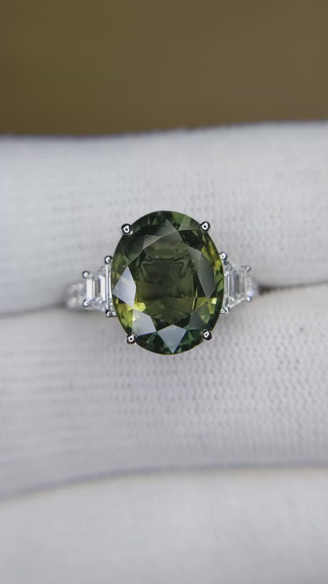 7.02 Ct. Brownish Green Sapphire and Natural Diamond Three Stone Ring, 18K White Gold Size Video