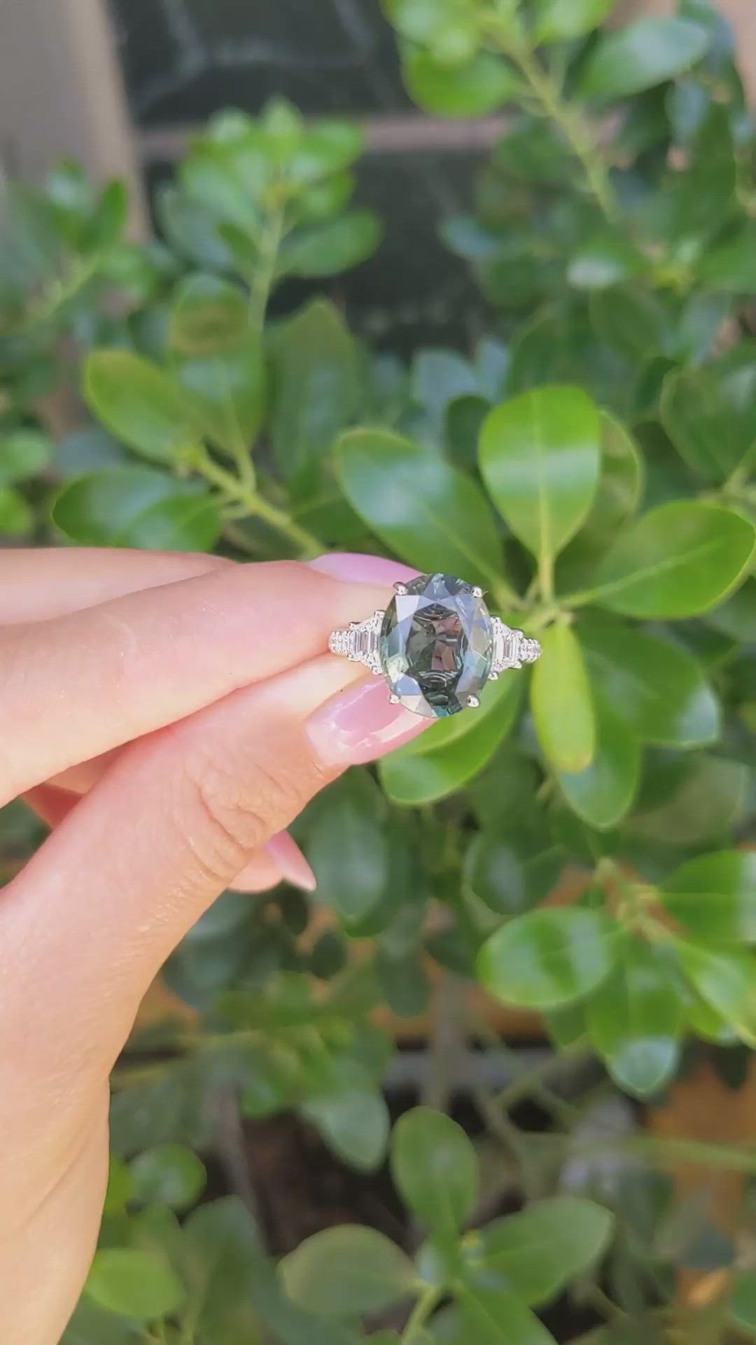 7.02 Ct. Brownish Green Sapphire and Natural Diamond Three Stone Ring, 18K White Gold Size Video