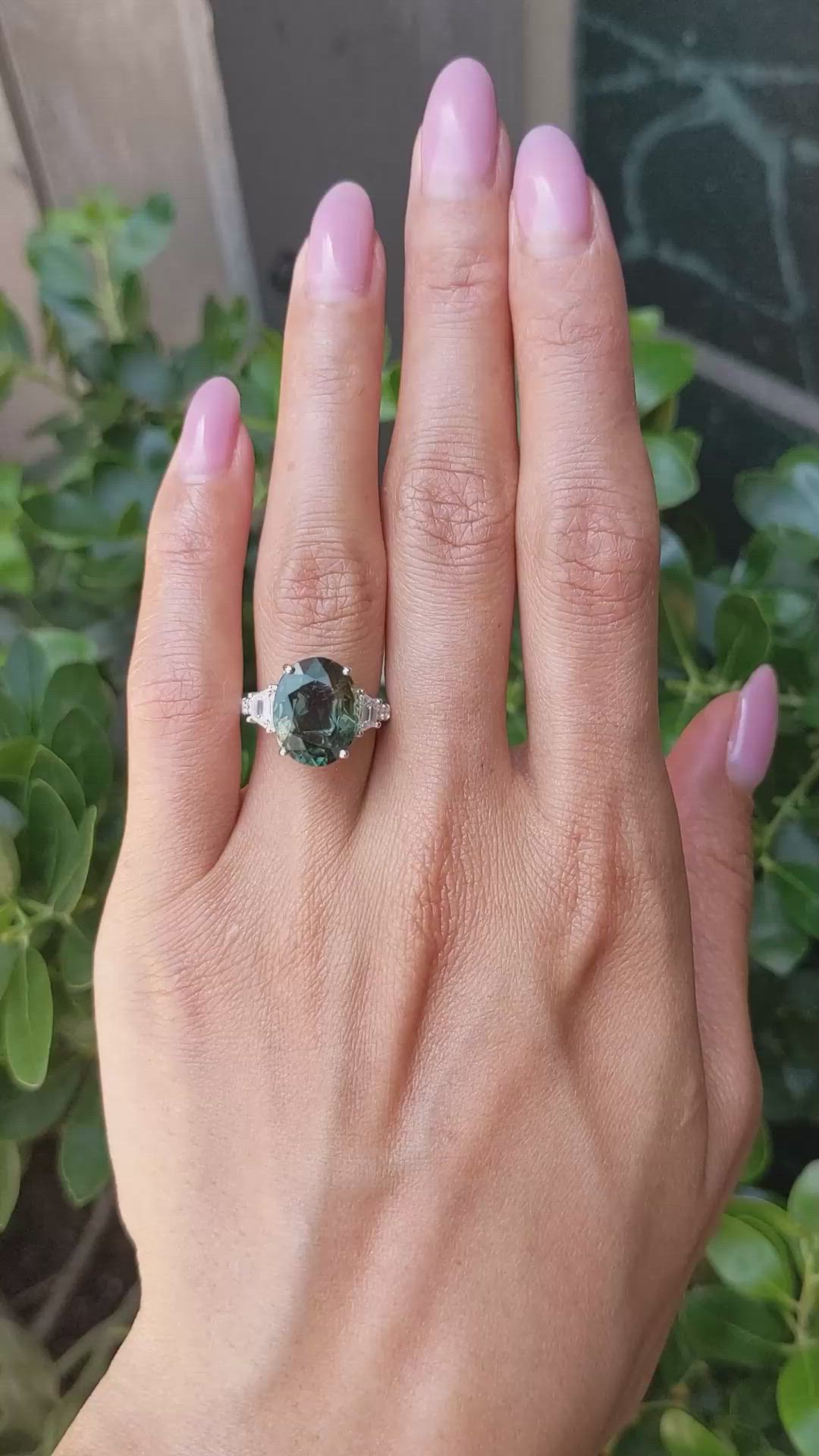 7.02 Ct. Brownish Green Sapphire and Natural Diamond Three Stone Ring, 18K White Gold Size Video