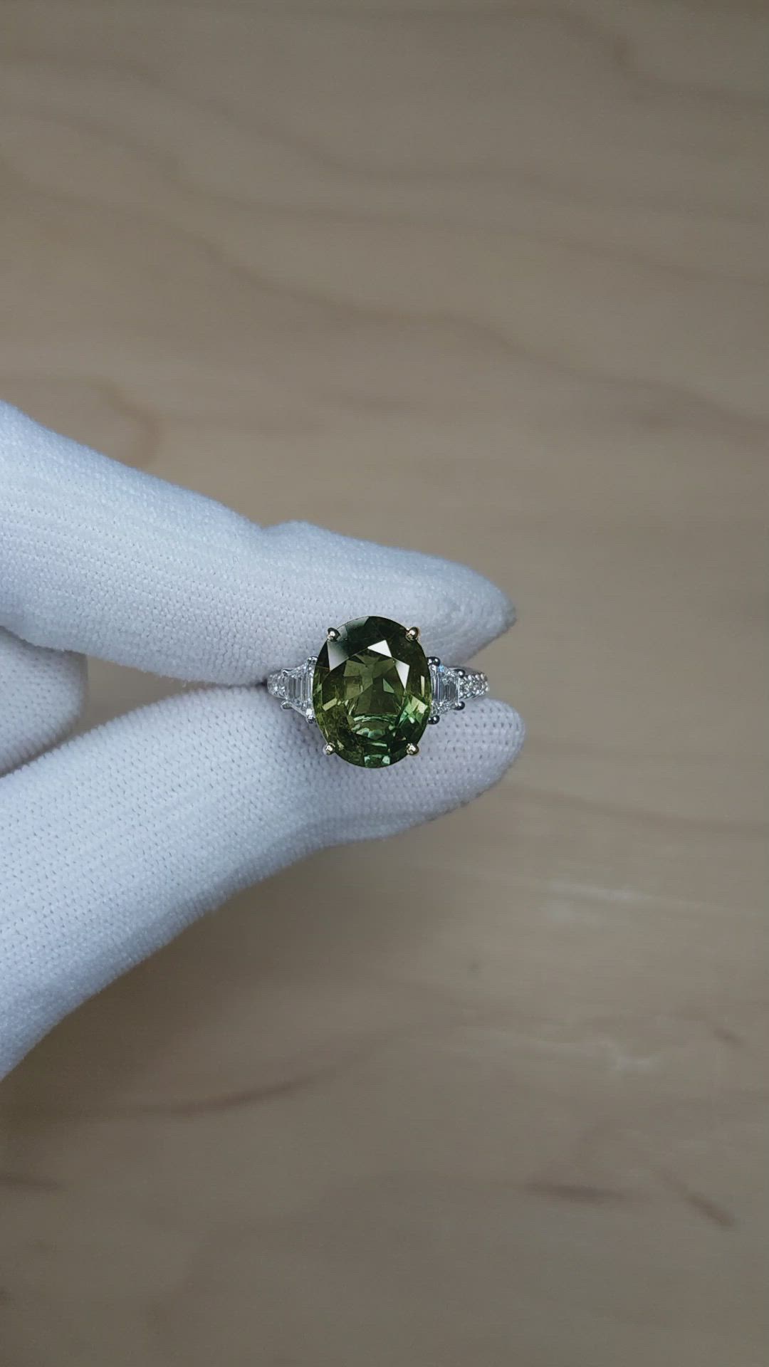 7.02 Ct. Brownish Green Sapphire and Natural Diamond Three Stone Ring, 18K White Gold Size Video