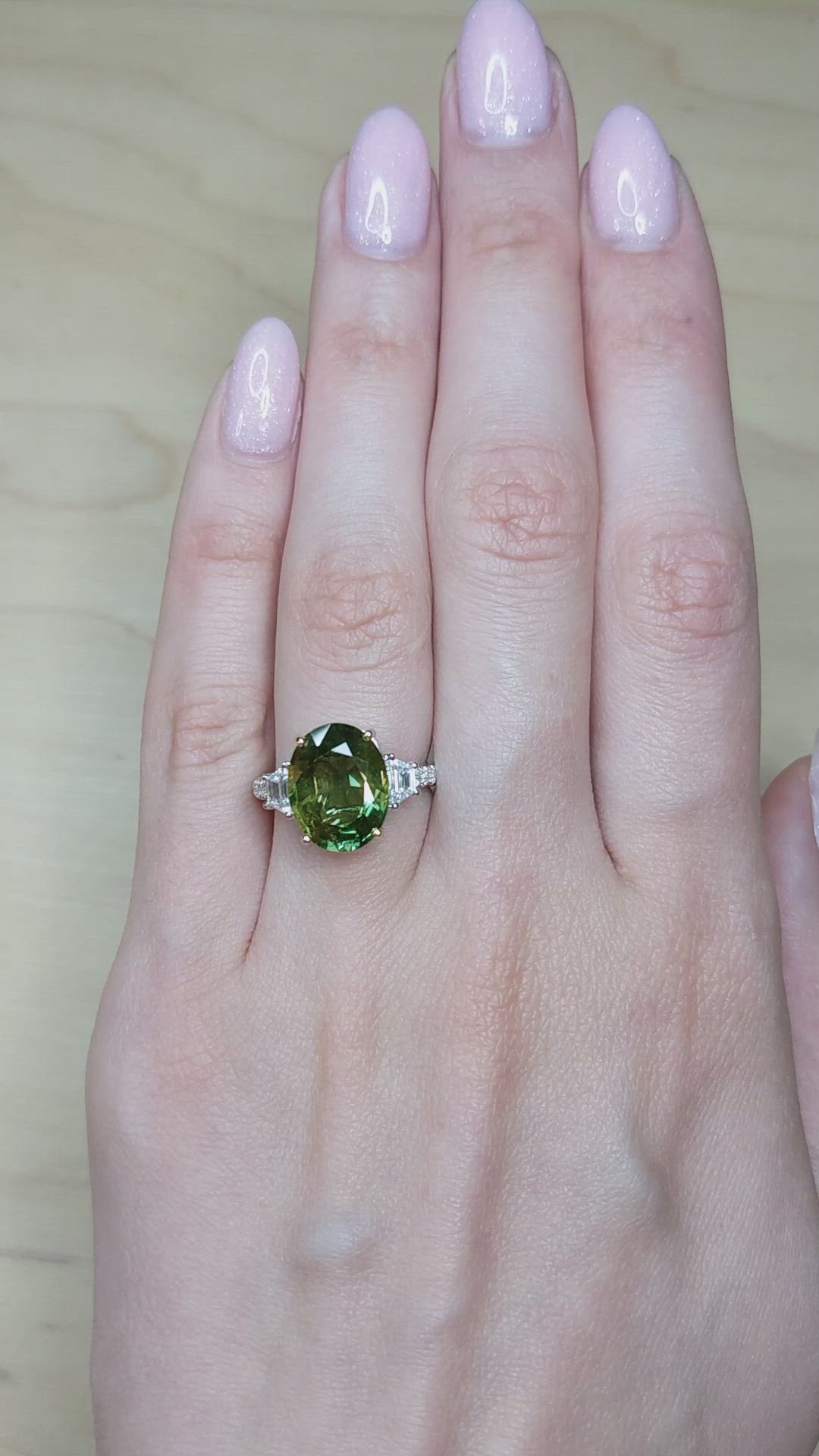 7.02 Ct. Brownish Green Sapphire and Natural Diamond Three Stone Ring, 18K White Gold Size Video