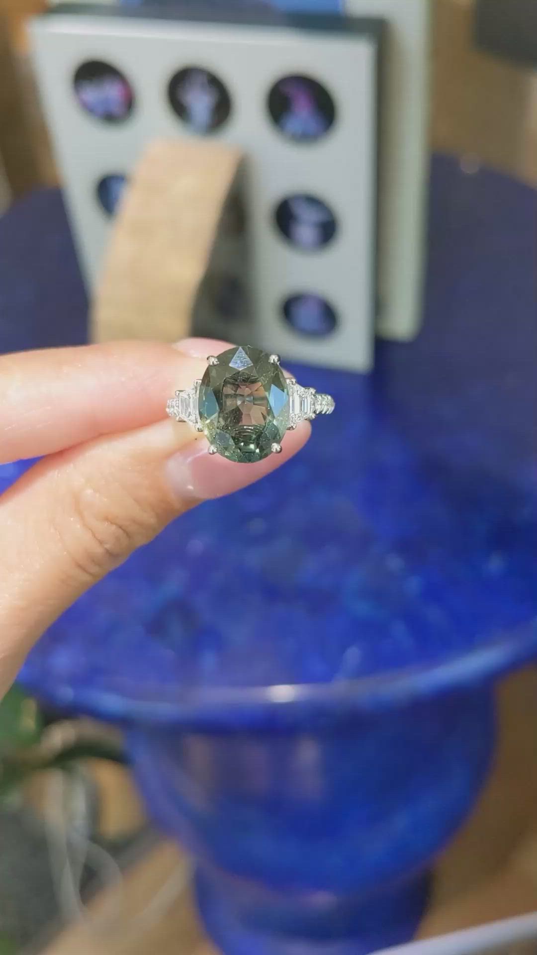 7.02 Ct. Brownish Green Sapphire and Natural Diamond Three Stone Ring, 18K White Gold Size Video