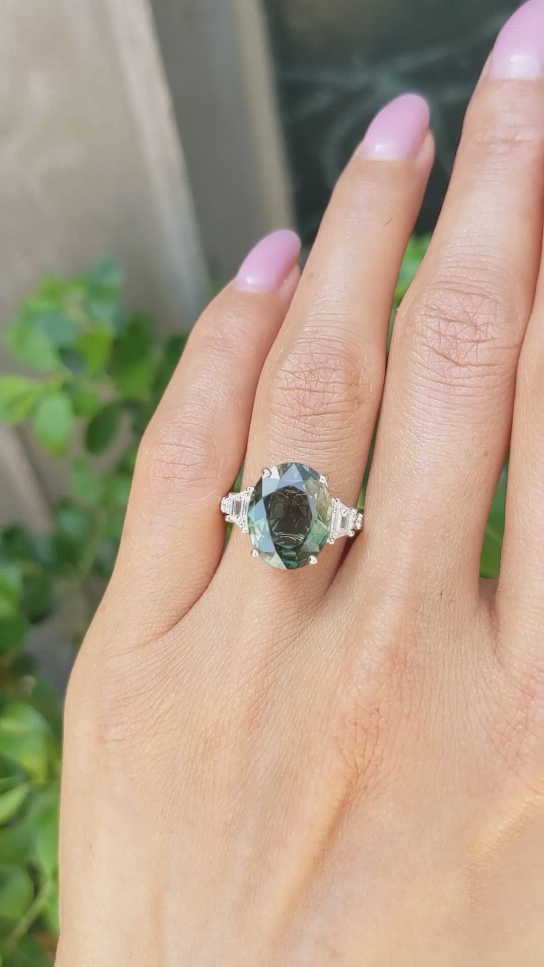 7.02 Ct. Brownish Green Sapphire and Natural Diamond Three Stone Ring, 18K White Gold Size Video