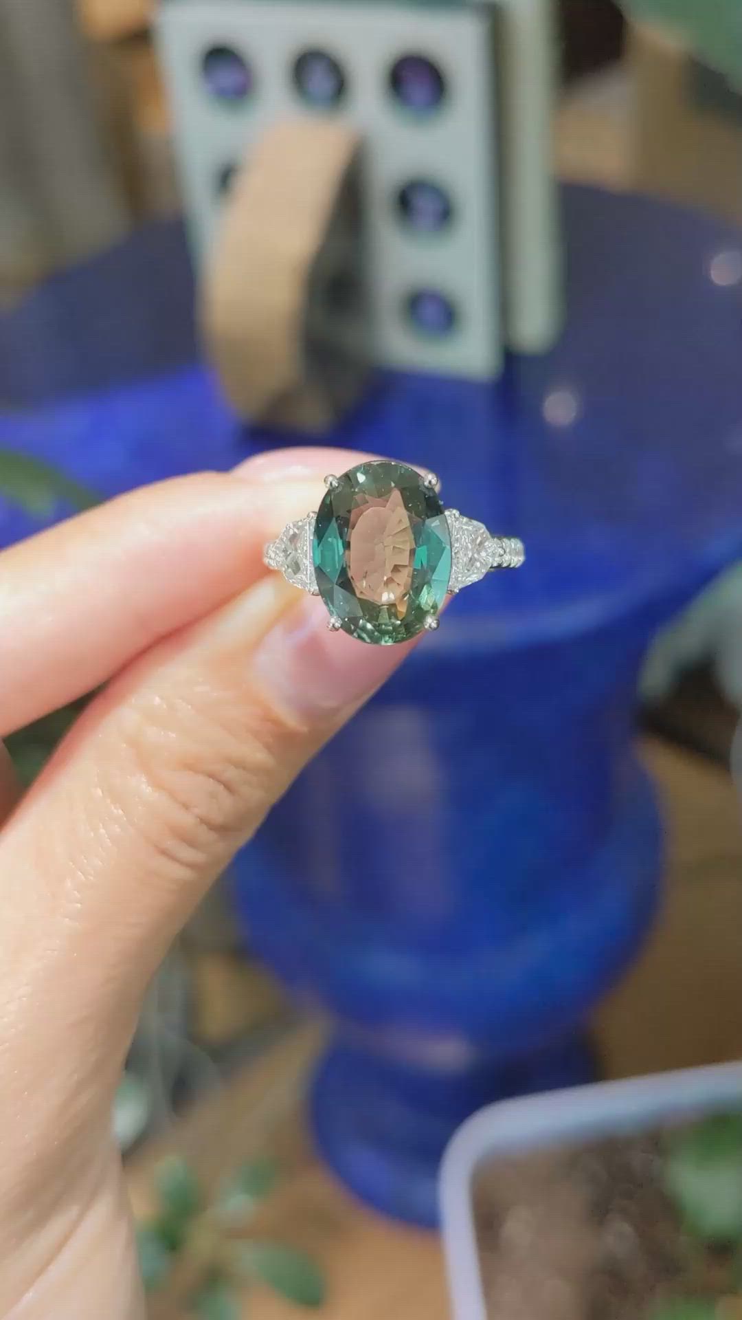 5.75 Ct. Bluish Green Sapphire and Natural Diamond Three Stone Ring, 18K White Gold Size Video