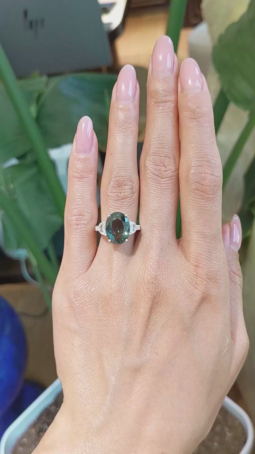 5.75 Ct. Bluish Green Sapphire and Natural Diamond Three Stone Ring, 18K White Gold Size Video