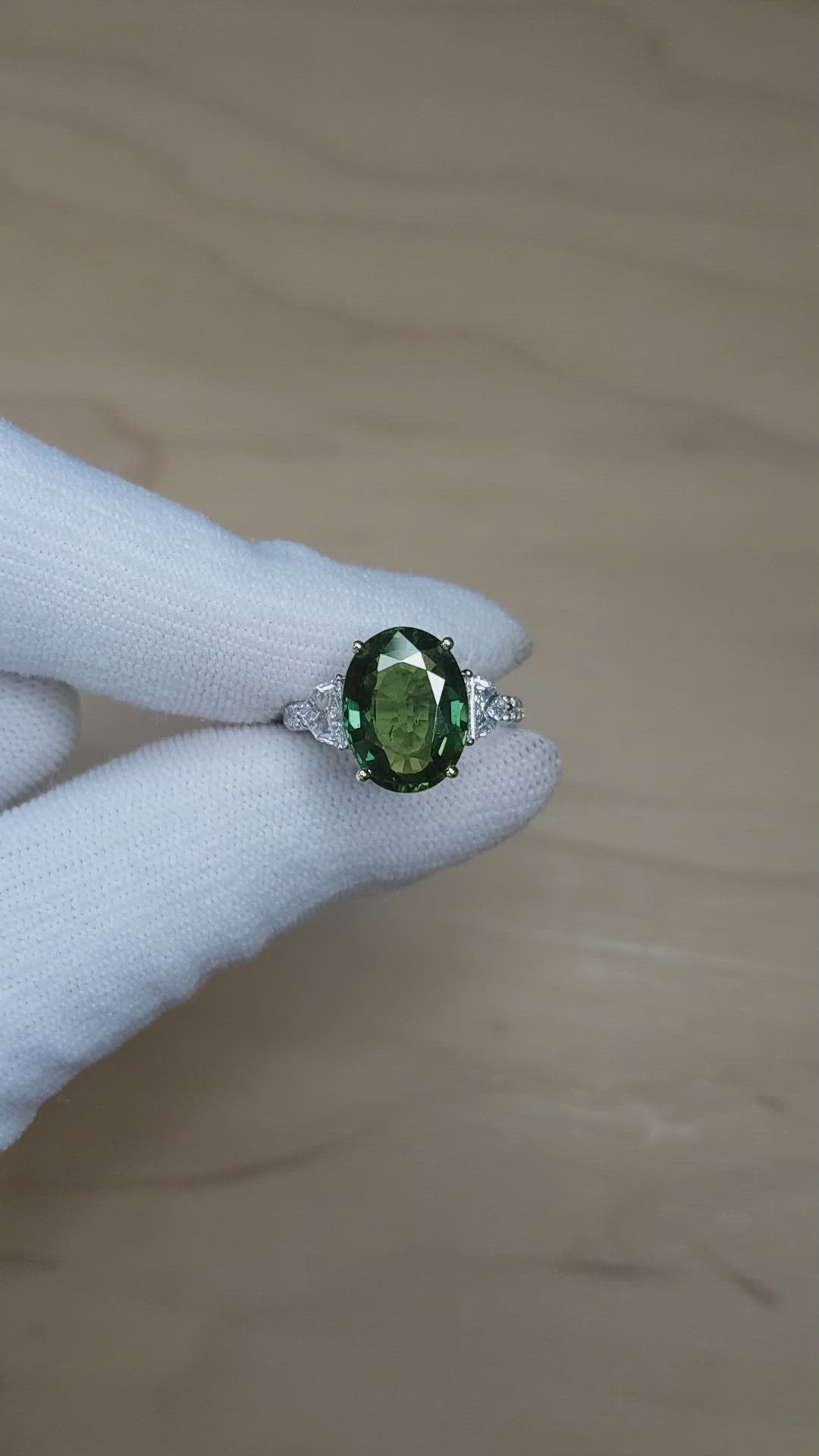 5.75 Ct. Bluish Green Sapphire and Natural Diamond Three Stone Ring, 18K White Gold Size Video