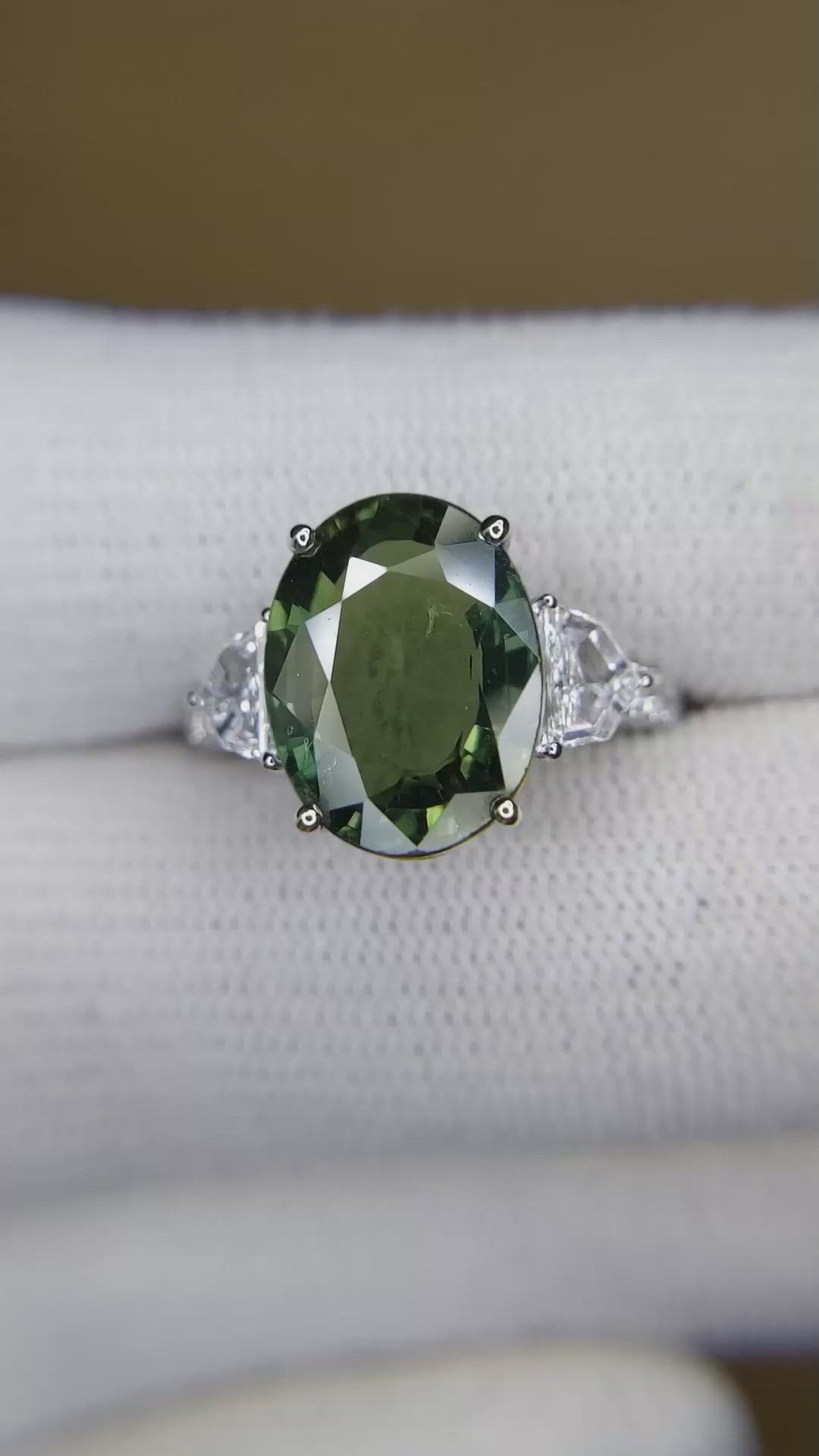 5.75 Ct. Bluish Green Sapphire and Natural Diamond Three Stone Ring, 18K White Gold Size Video