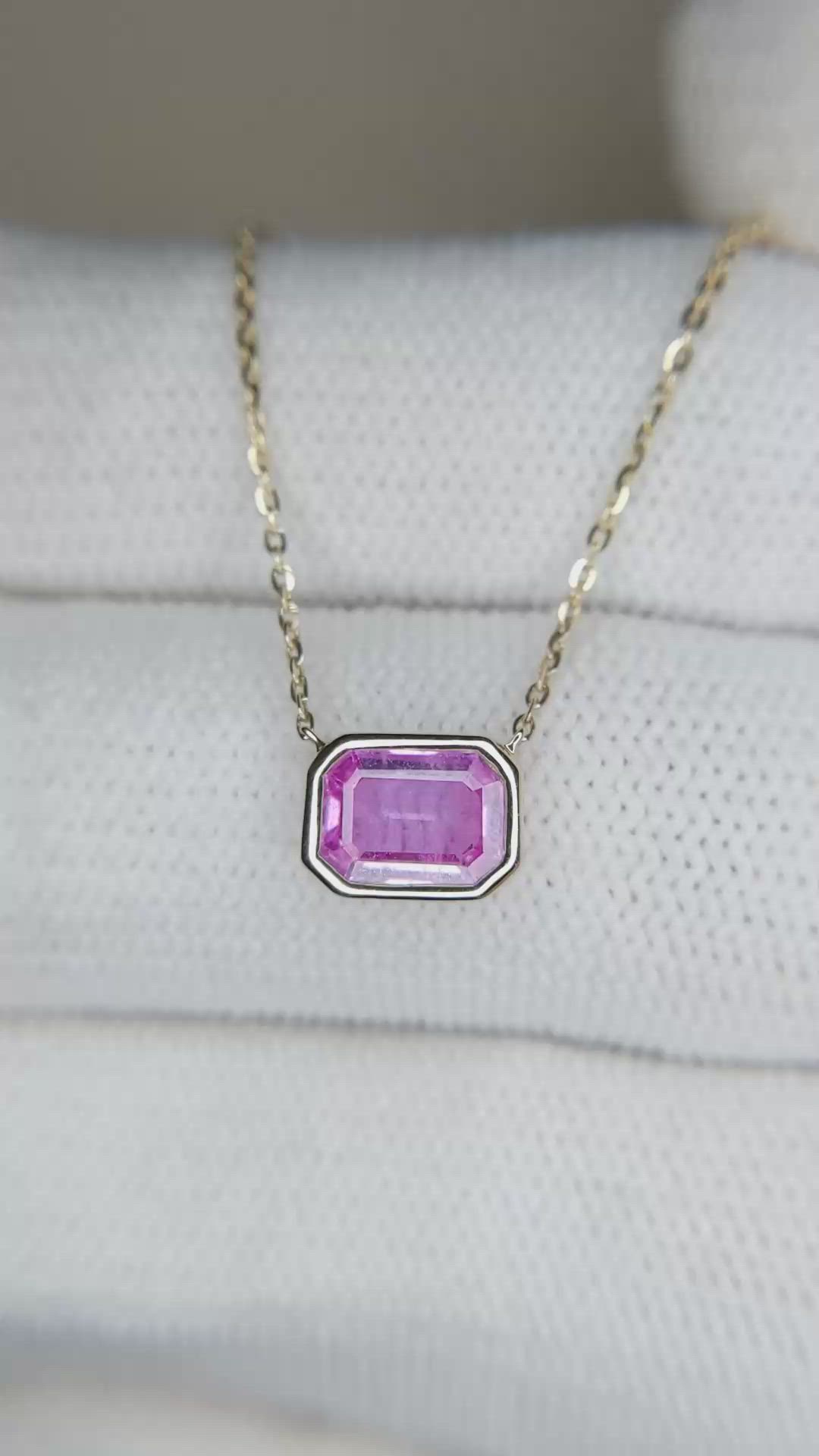 1.00 Ct. Pink Sapphire Bezel Necklace, 14K Yellow Gold Size Video