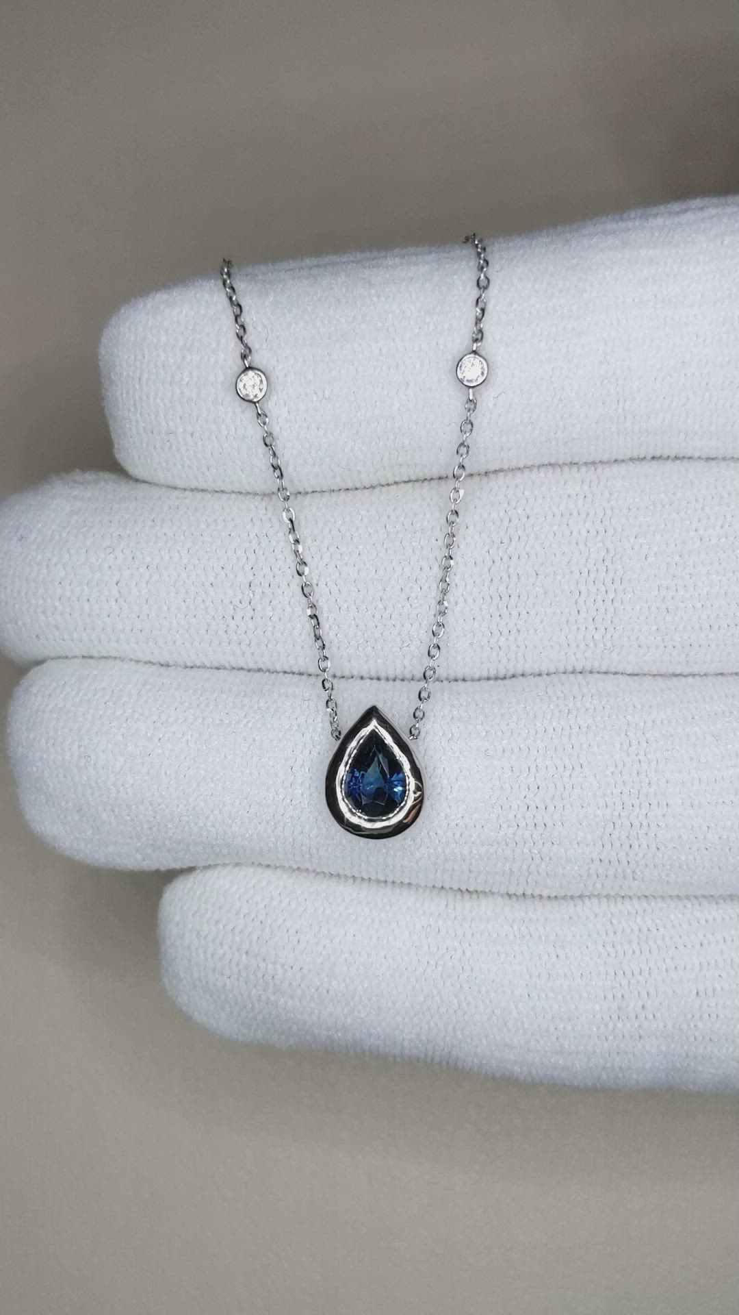 0.88 Ct. Blue Sapphire and Natural Diamond Bezel Necklace, 14K White Gold Size Video