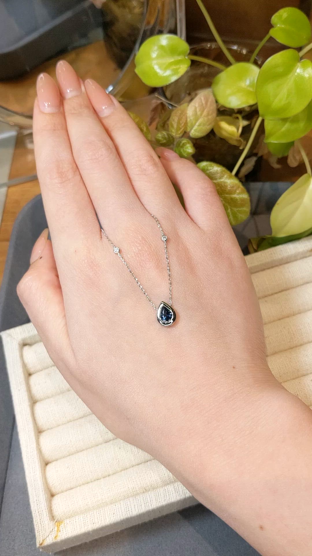0.88 Ct. Blue Sapphire and Natural Diamond Bezel Necklace, 14K White Gold Size Video