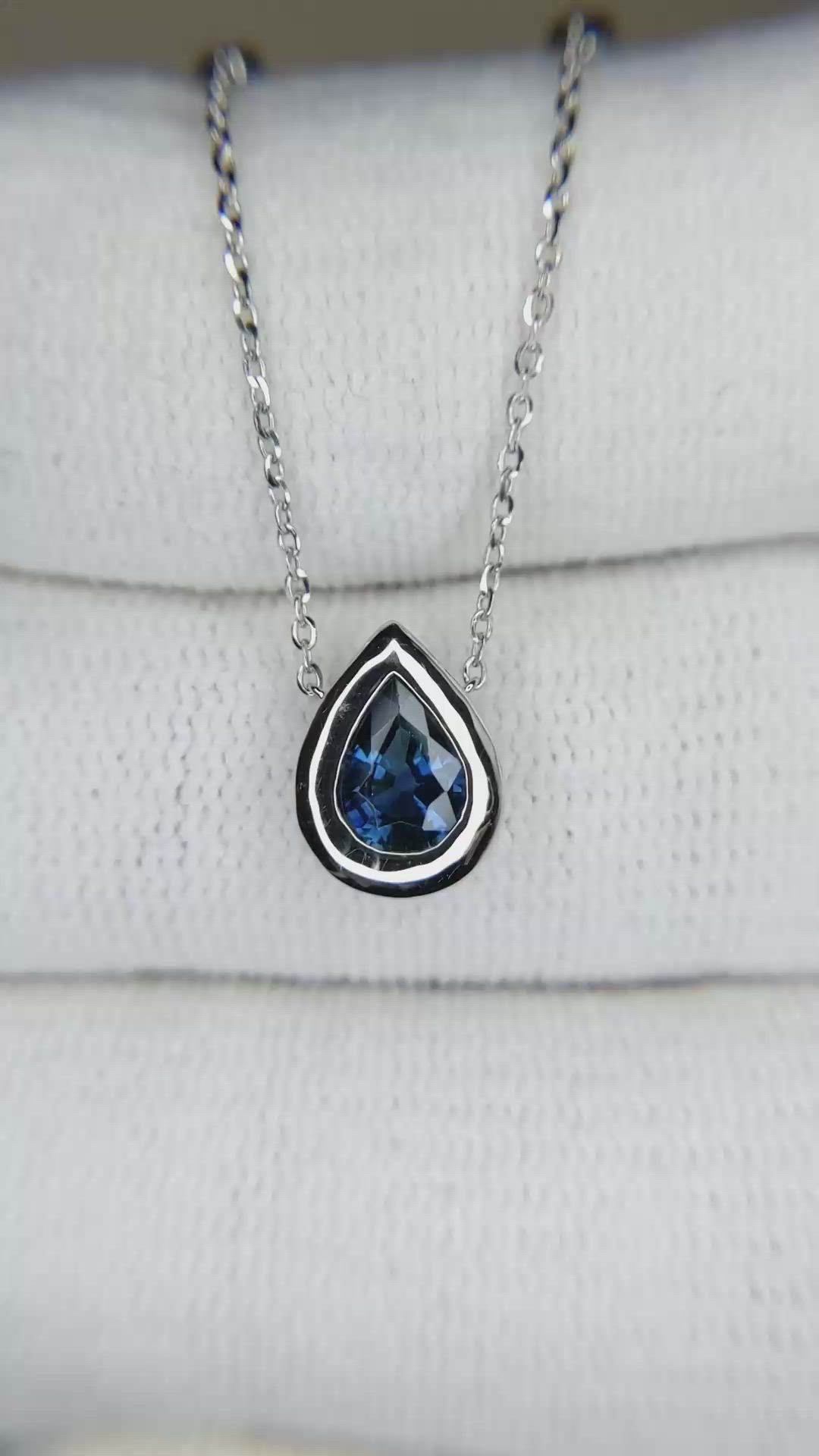 0.88 Ct. Blue Sapphire and Natural Diamond Bezel Necklace, 14K White Gold Size Video