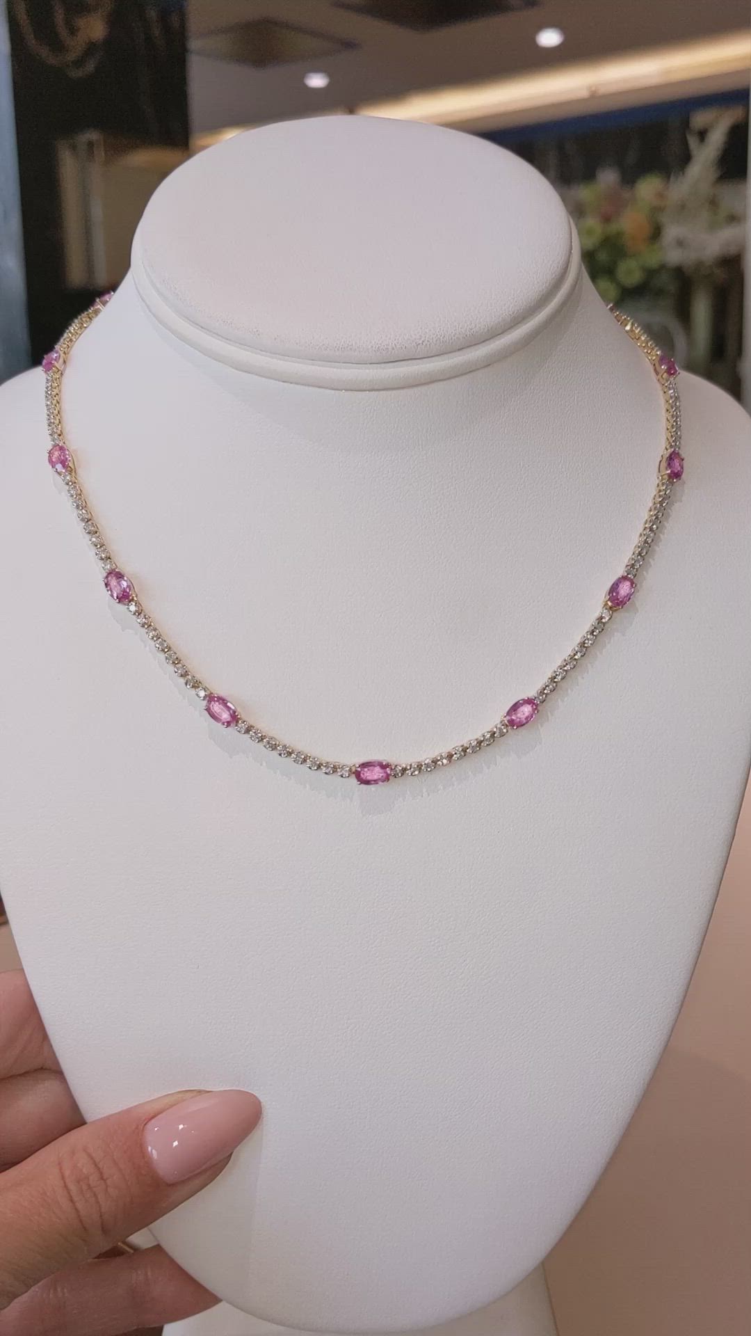 6.58 Ct. Pink Sapphire and Natural Diamond Accent Stones Necklace, 14K White Gold Size Video