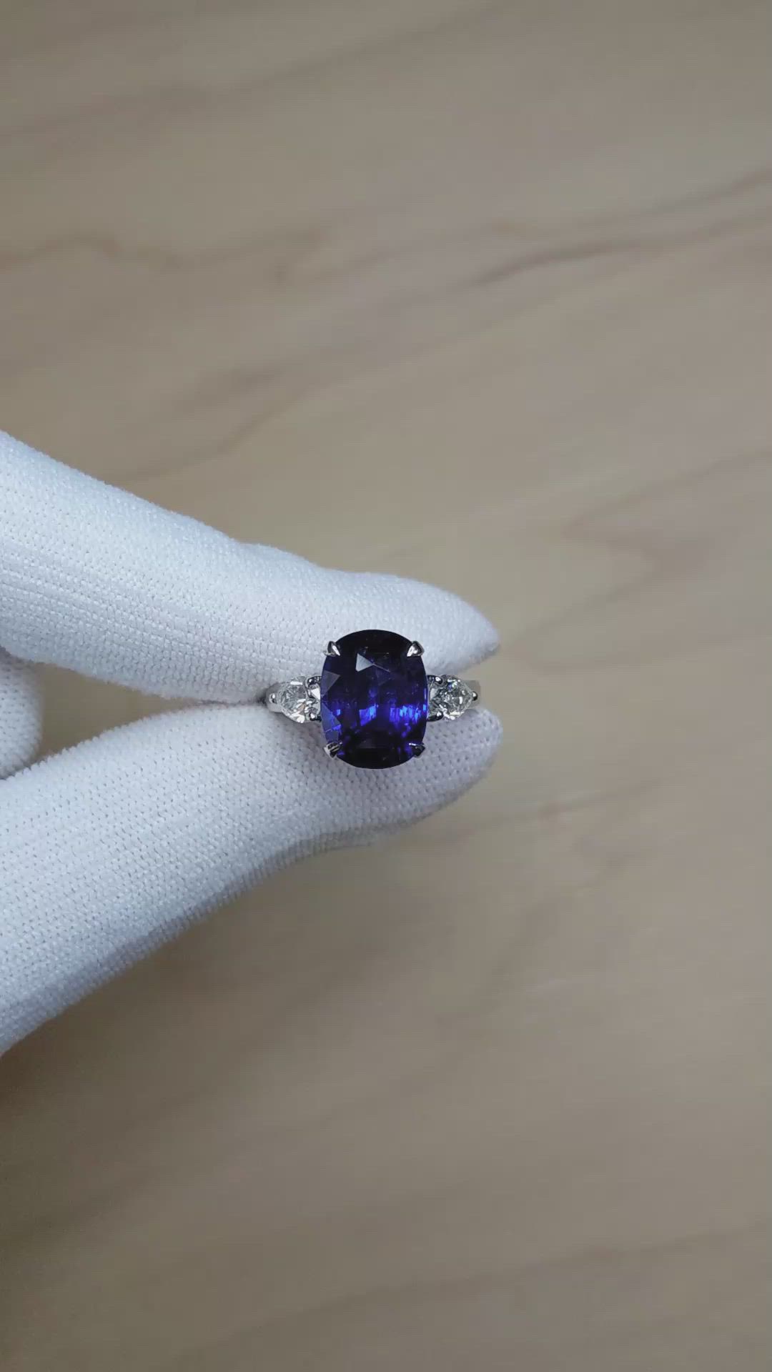7.80 Ct. Blue Sapphire and Natural Diamond Three Stone Ring, 18K White Gold Size Video