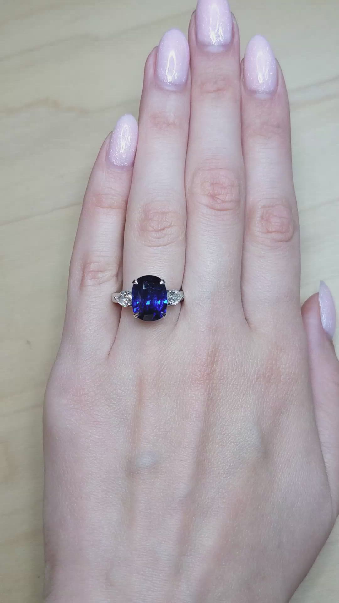 7.80 Ct. Blue Sapphire and Natural Diamond Three Stone Ring, 18K White Gold Size Video