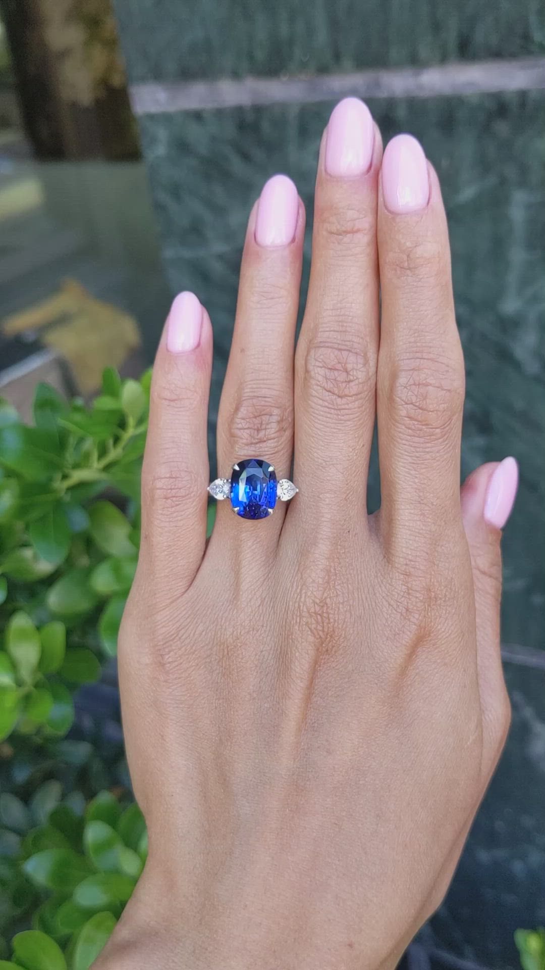7.80 Ct. Blue Sapphire and Natural Diamond Three Stone Ring, 18K White Gold Size Video