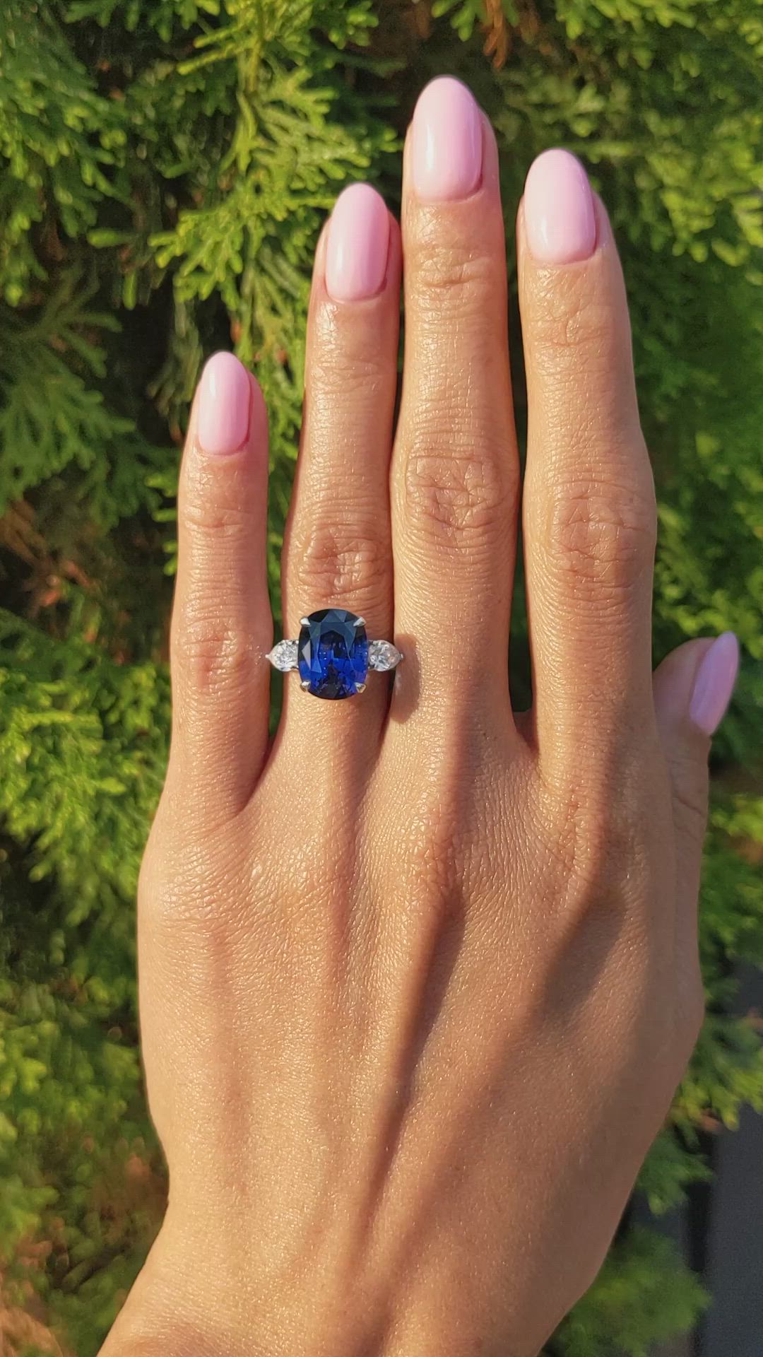 7.80 Ct. Blue Sapphire and Natural Diamond Three Stone Ring, 18K White Gold Size Video