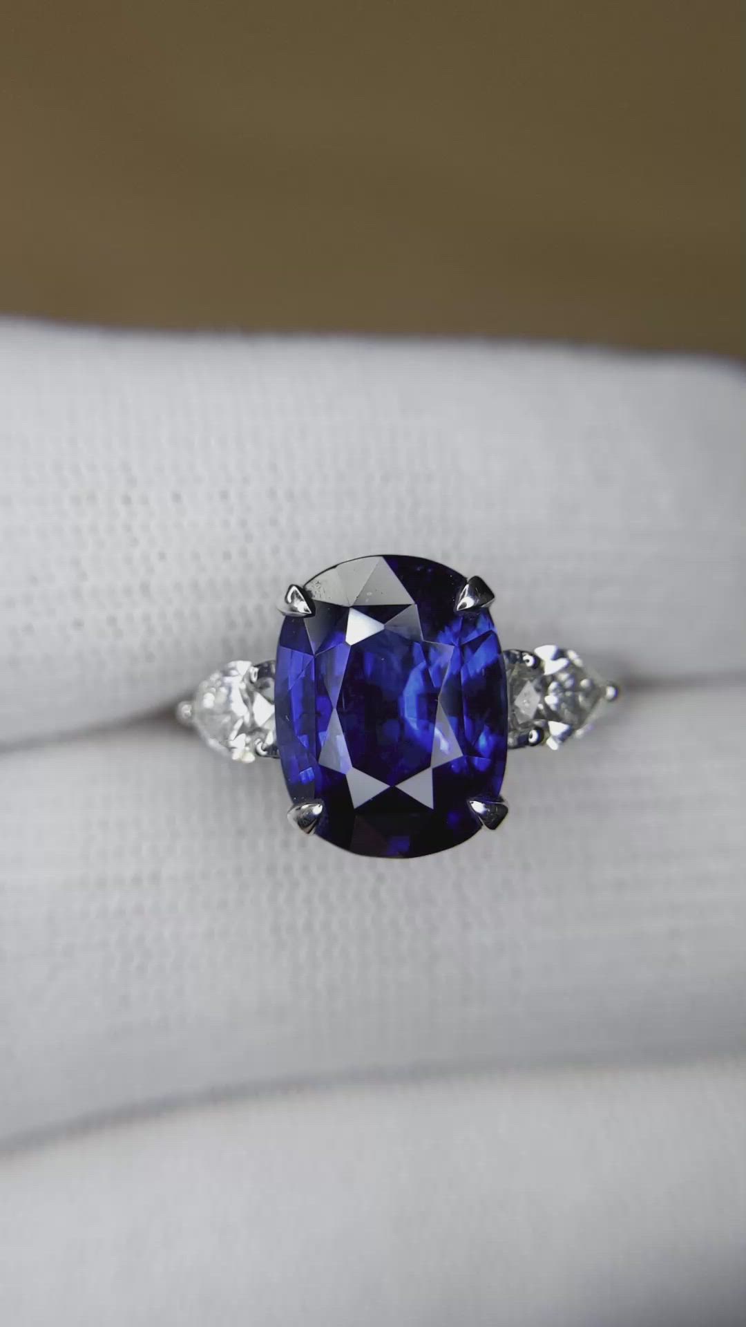 7.80 Ct. Blue Sapphire and Natural Diamond Three Stone Ring, 18K White Gold Size Video