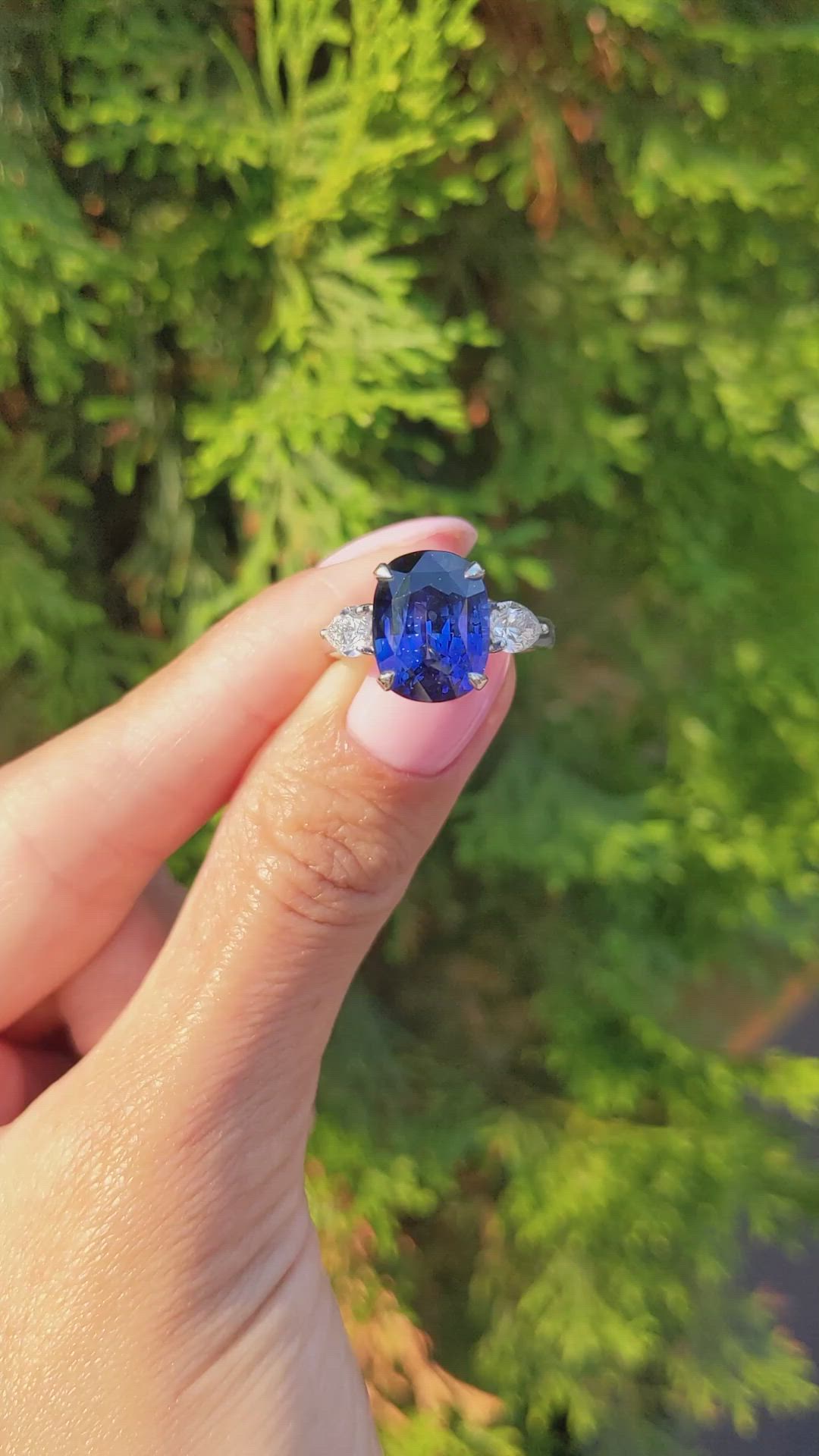7.80 Ct. Blue Sapphire and Natural Diamond Three Stone Ring, 18K White Gold Size Video