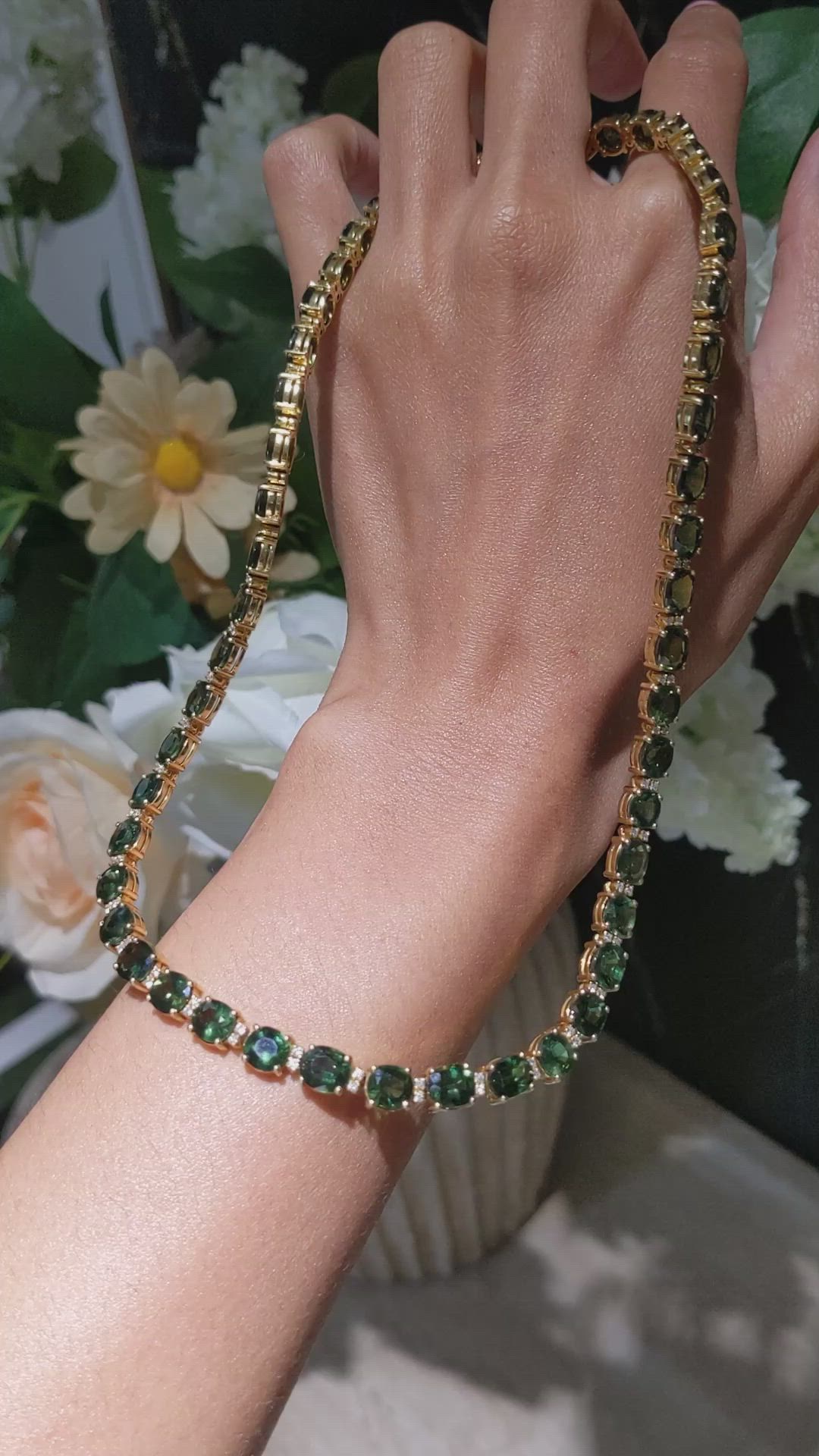 50.50 Ct. Green Sapphire and Natural Diamond Tennis/Riviere Necklace, 18K Yellow Gold Size Video