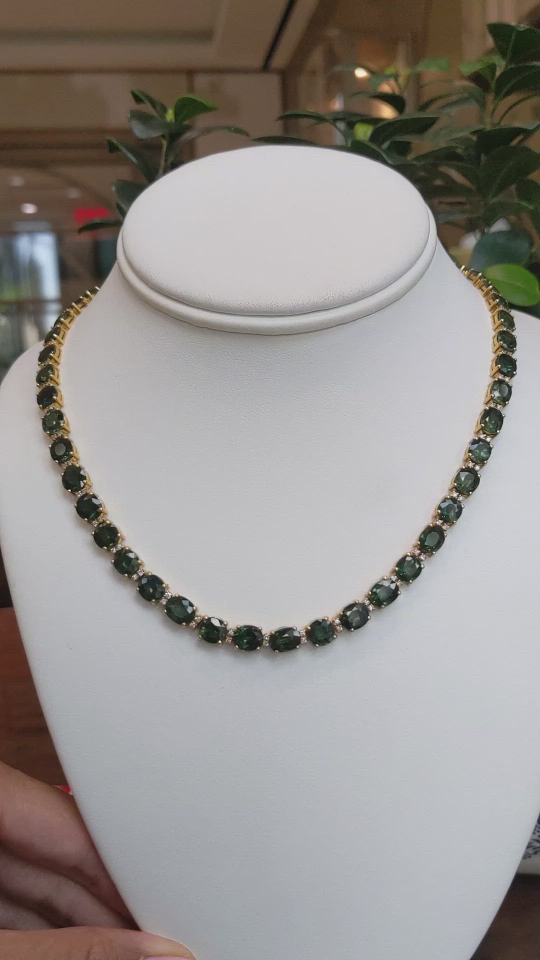 50.50 Ct. Green Sapphire and Natural Diamond Tennis/Riviere Necklace, 18K Yellow Gold Size Video