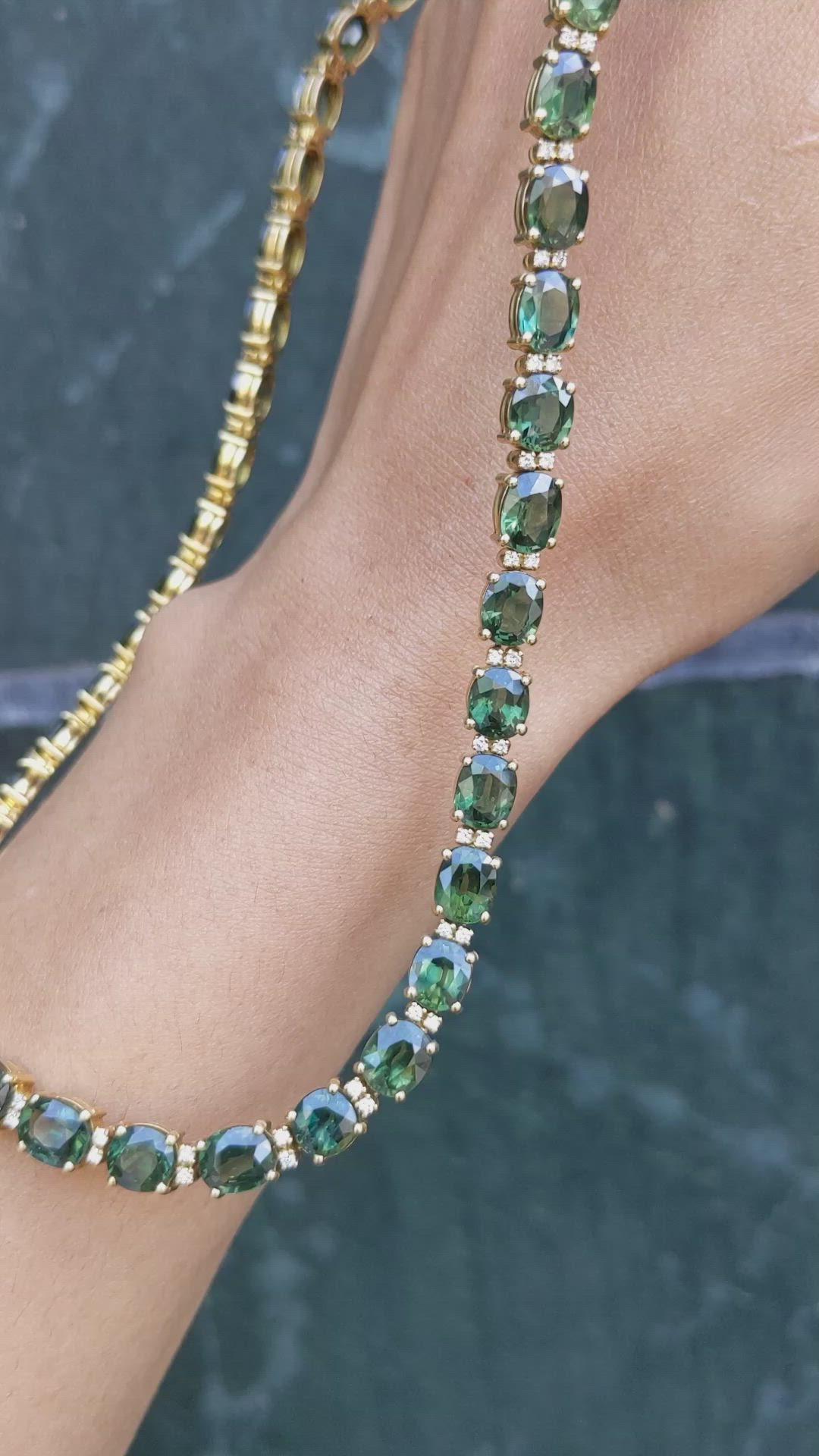 50.50 Ct. Green Sapphire and Natural Diamond Tennis/Riviere Necklace, 18K Yellow Gold Size Video