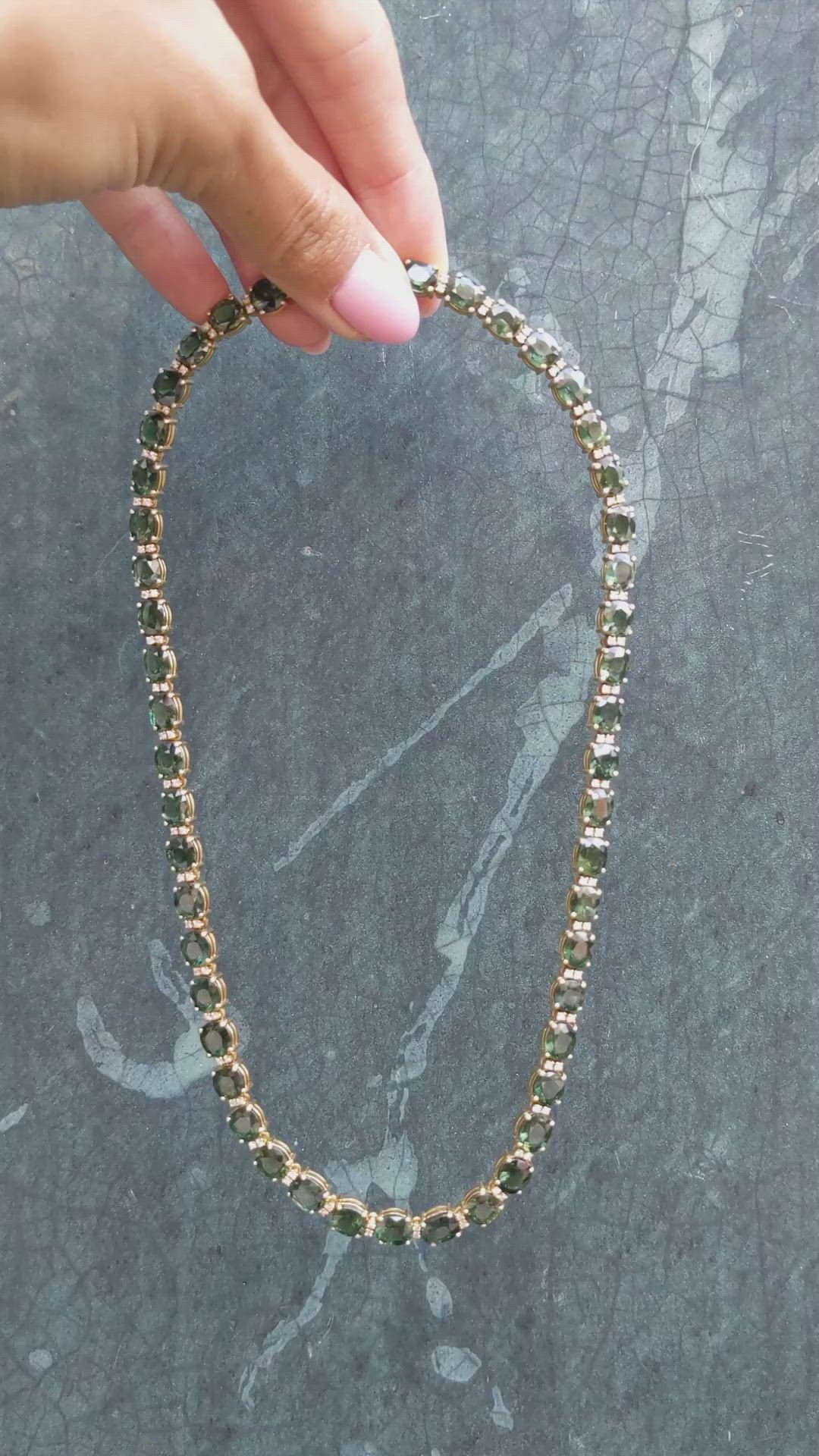 50.50 Ct. Green Sapphire and Natural Diamond Tennis/Riviere Necklace, 18K Yellow Gold Size Video