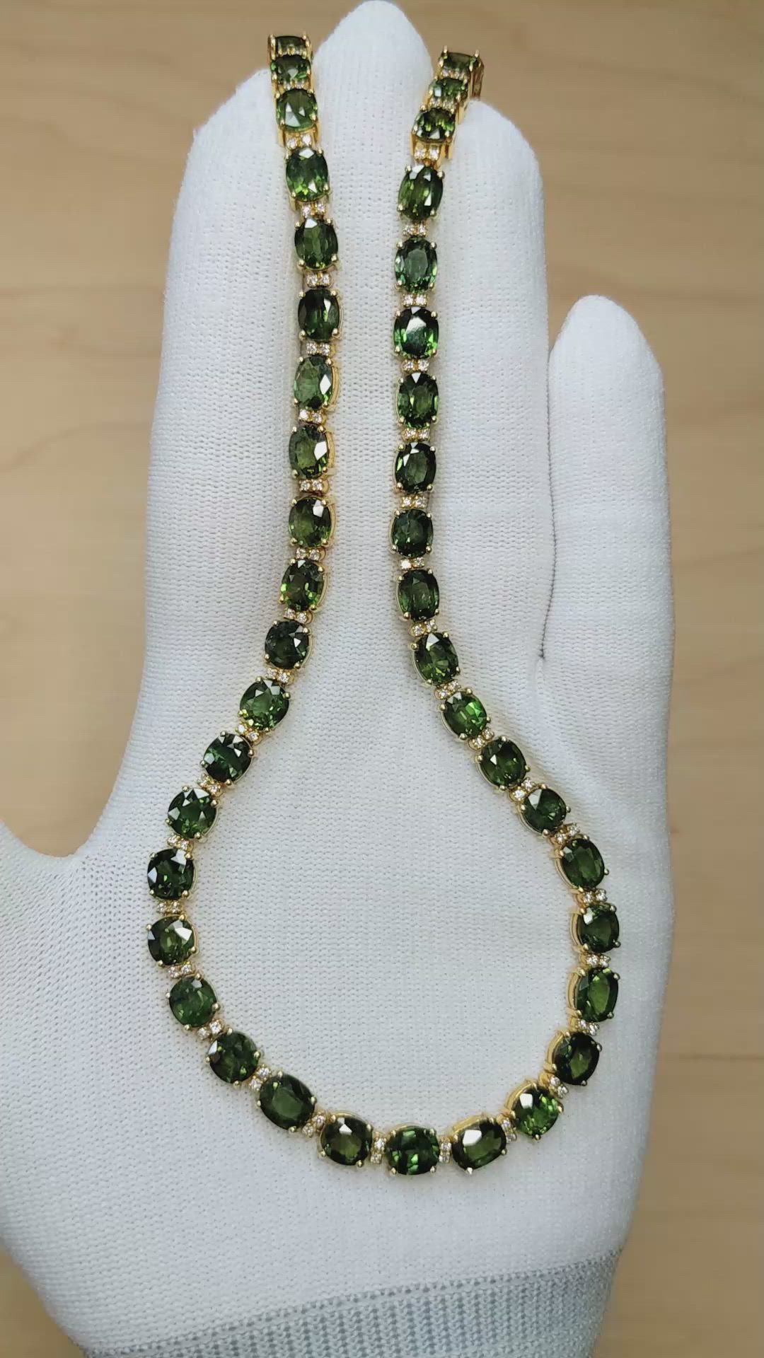 50.50 Ct. Green Sapphire and Natural Diamond Tennis/Riviere Necklace, 18K Yellow Gold Size Video