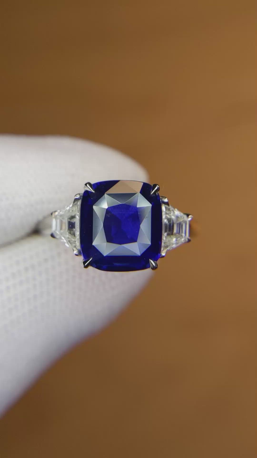 4.47 Ct. Blue Sapphire and Natural Diamond Three Stone Ring, 18K White Gold Size Video