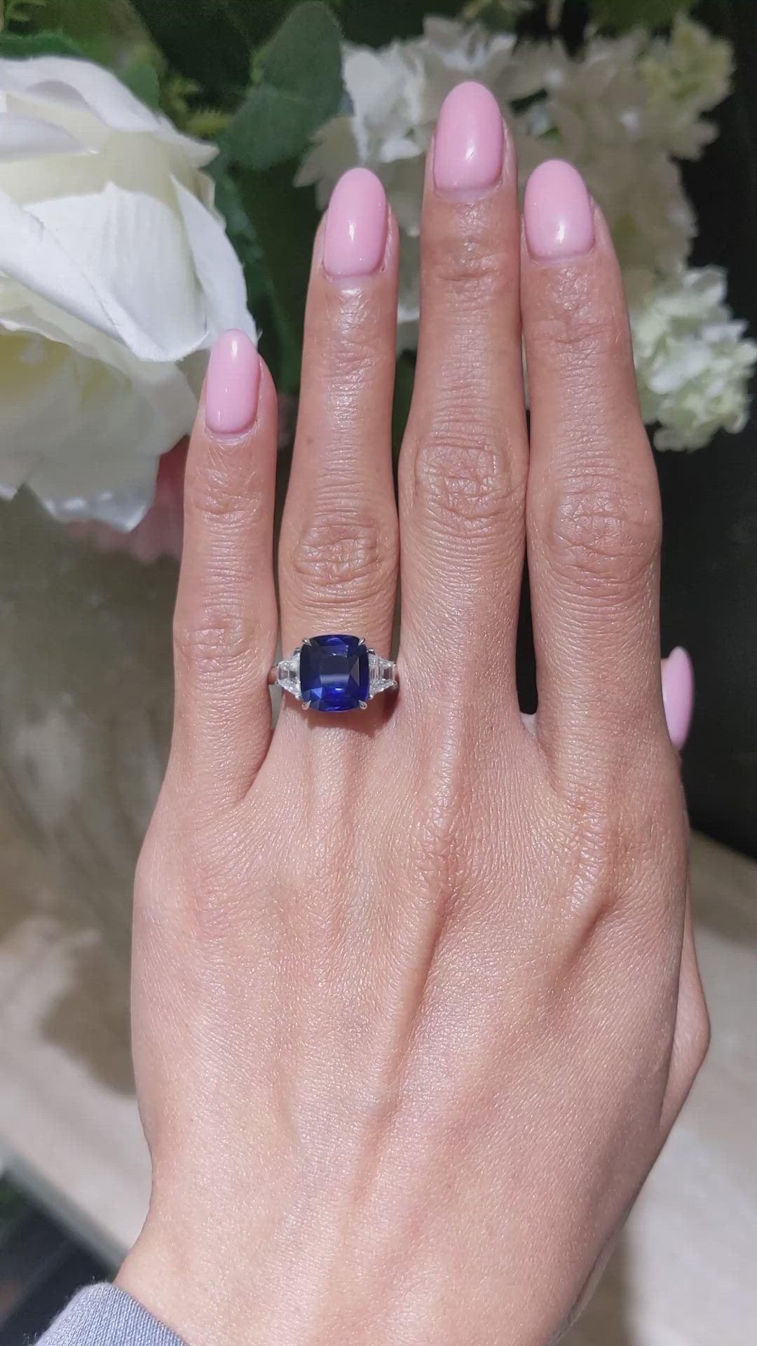 4.47 Ct. Blue Sapphire and Natural Diamond Three Stone Ring, 18K White Gold Size Video