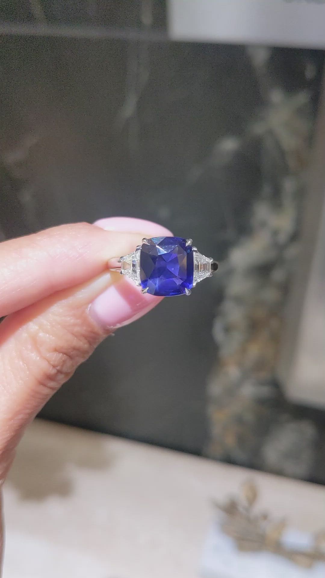 4.47 Ct. Blue Sapphire and Natural Diamond Three Stone Ring, 18K White Gold Size Video