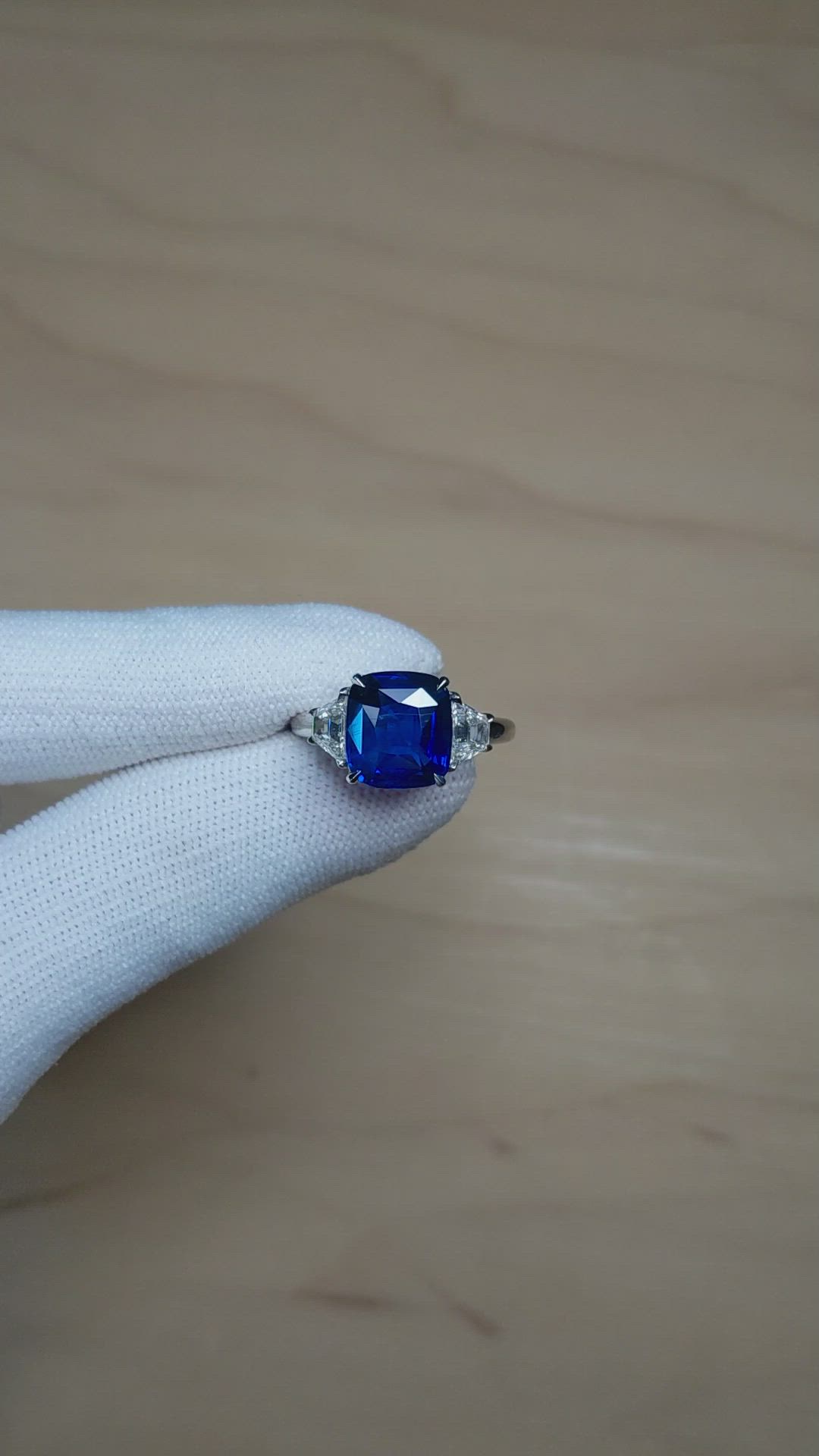 4.47 Ct. Blue Sapphire and Natural Diamond Three Stone Ring, 18K White Gold Size Video