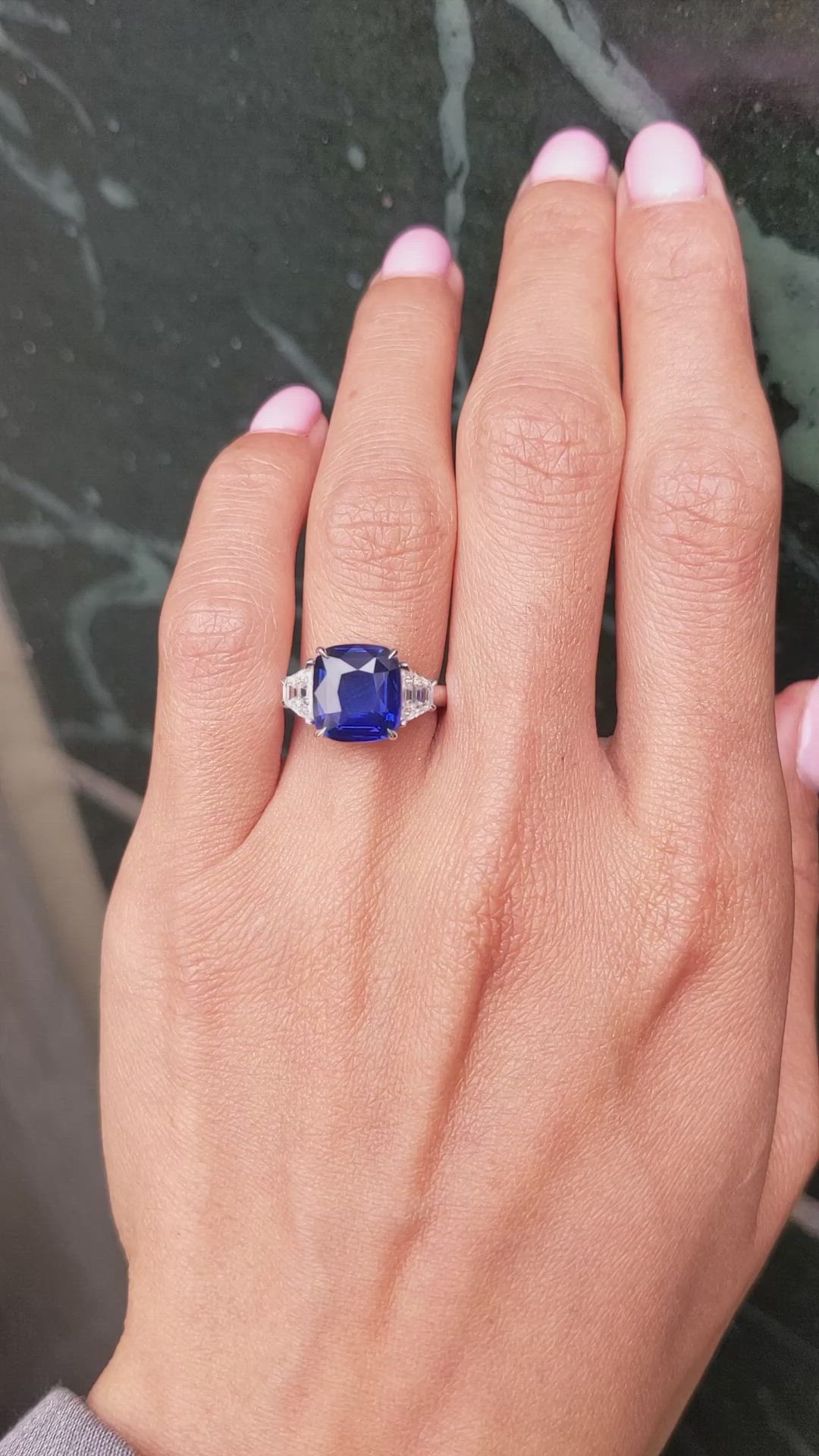 4.47 Ct. Blue Sapphire and Natural Diamond Three Stone Ring, 18K White Gold Size Video