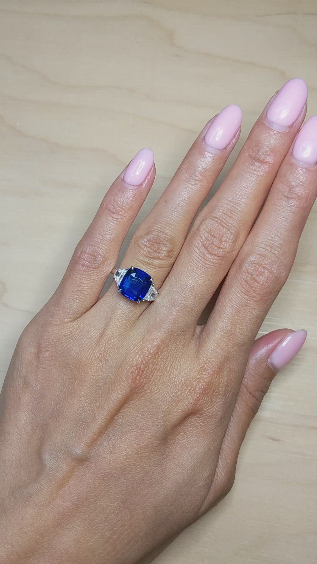 4.47 Ct. Blue Sapphire and Natural Diamond Three Stone Ring, 18K White Gold Size Video