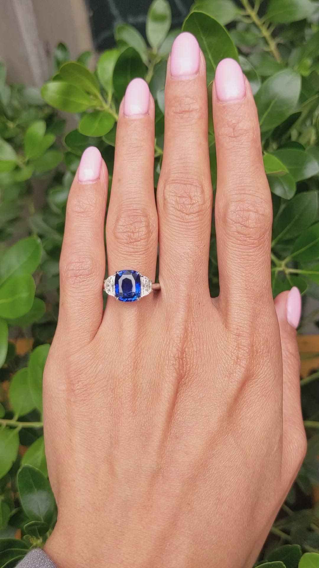 4.04 Ct. Blue Sapphire and Natural Diamond Three Stone Ring, 18K White Gold Size Video