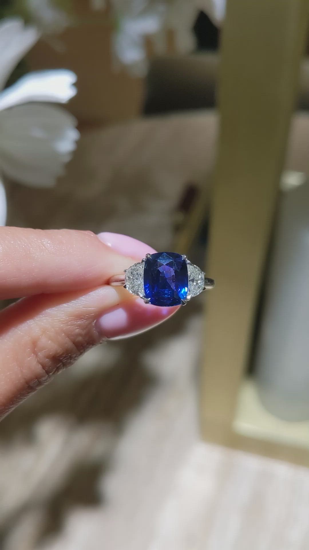 4.04 Ct. Blue Sapphire and Natural Diamond Three Stone Ring, 18K White Gold Size Video
