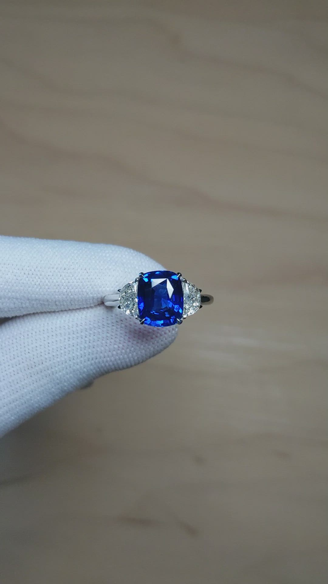4.04 Ct. Blue Sapphire and Natural Diamond Three Stone Ring, 18K White Gold Size Video