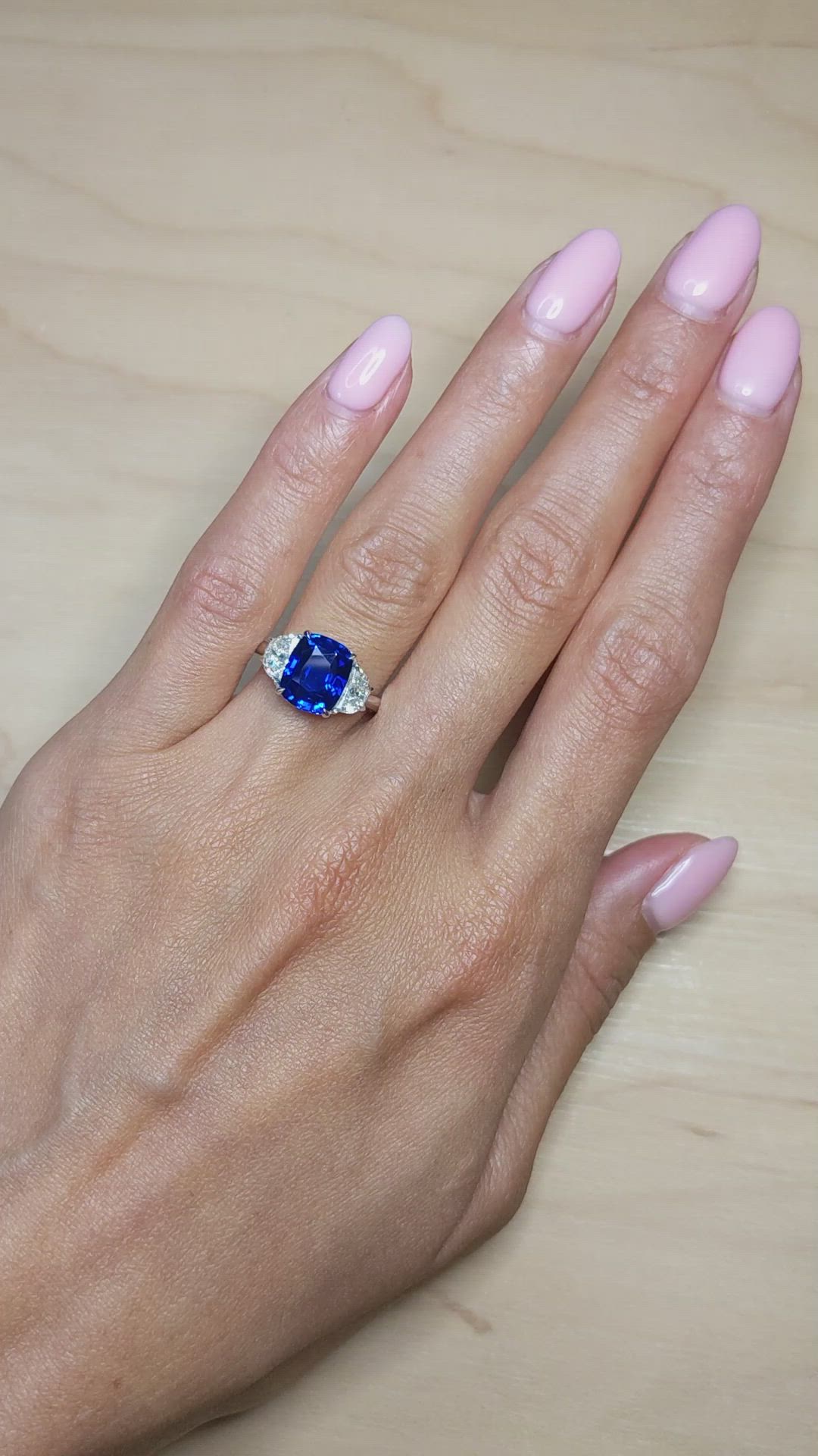 4.04 Ct. Blue Sapphire and Natural Diamond Three Stone Ring, 18K White Gold Size Video