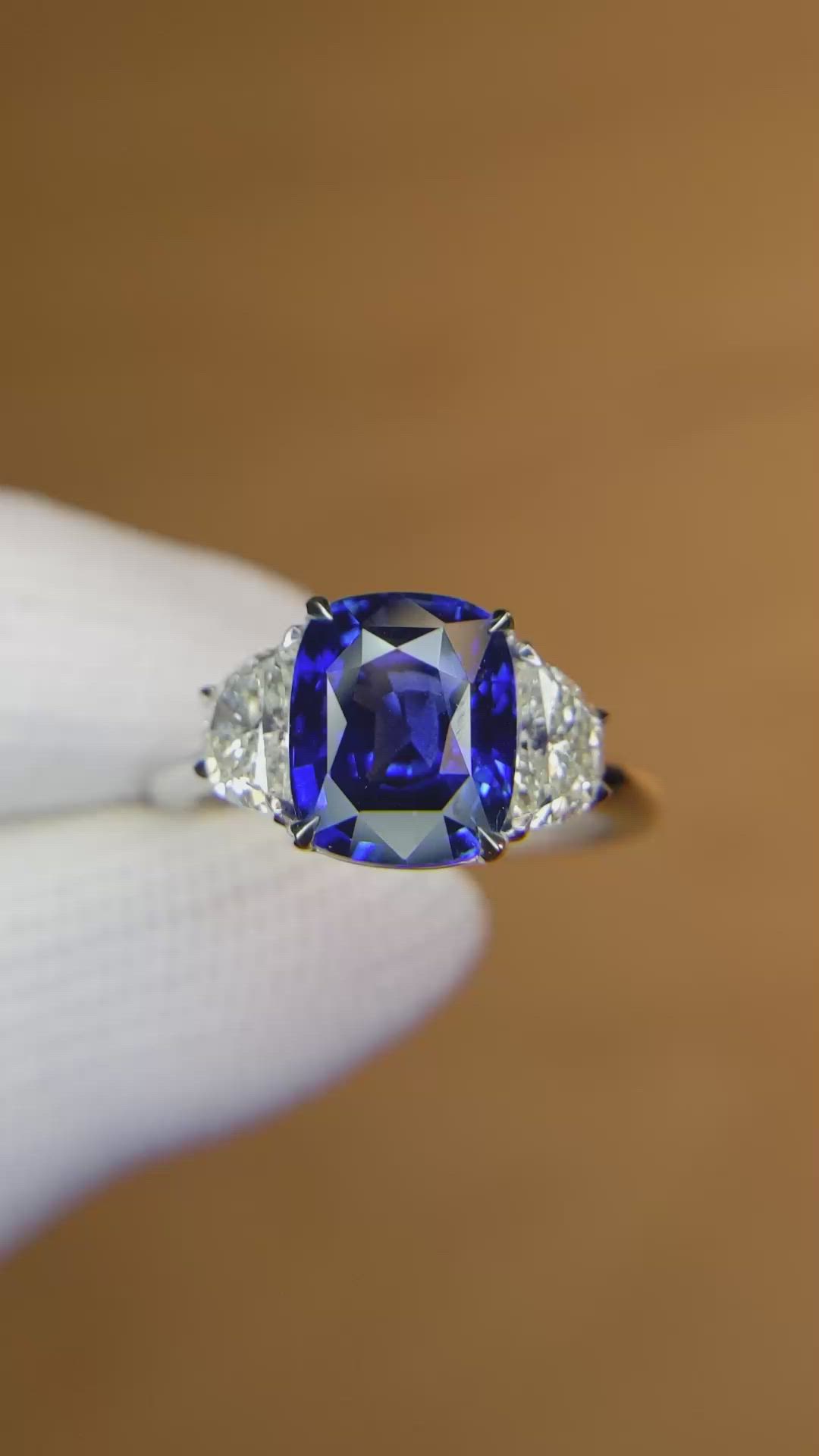 4.04 Ct. Blue Sapphire and Natural Diamond Three Stone Ring, 18K White Gold Size Video