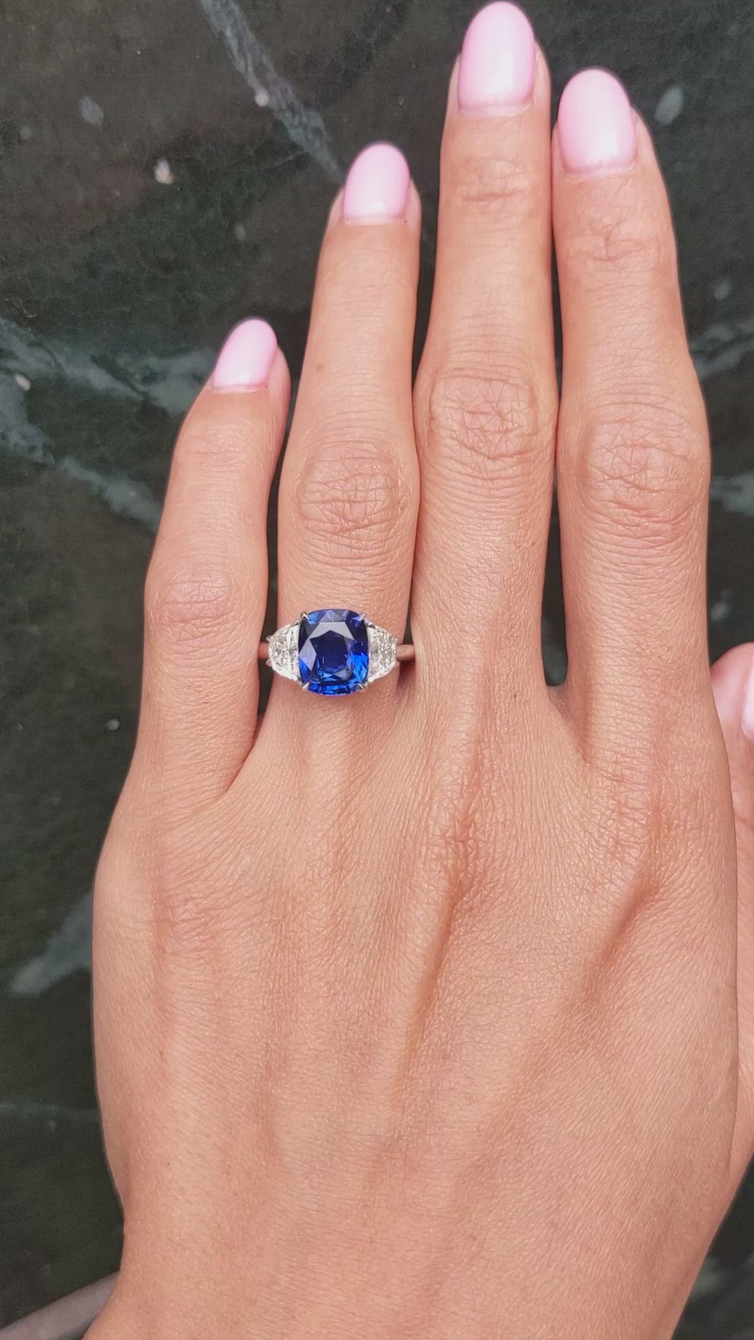 4.04 Ct. Blue Sapphire and Natural Diamond Three Stone Ring, 18K White Gold Size Video