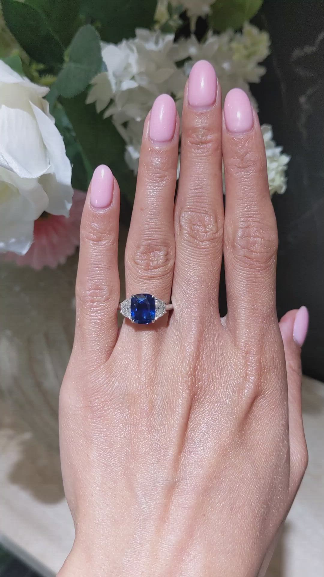 4.04 Ct. Blue Sapphire and Natural Diamond Three Stone Ring, 18K White Gold Size Video