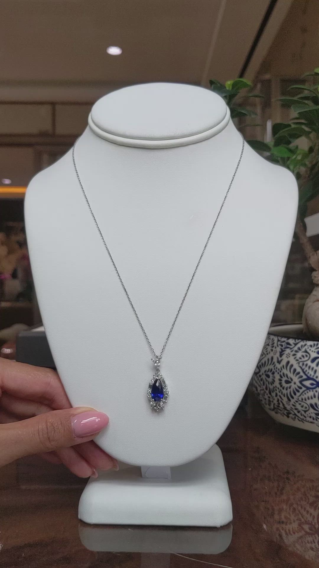 2.62 Ct. Blue Sapphire and Natural Diamond Halo Pendant, Platinum 950 Size Video