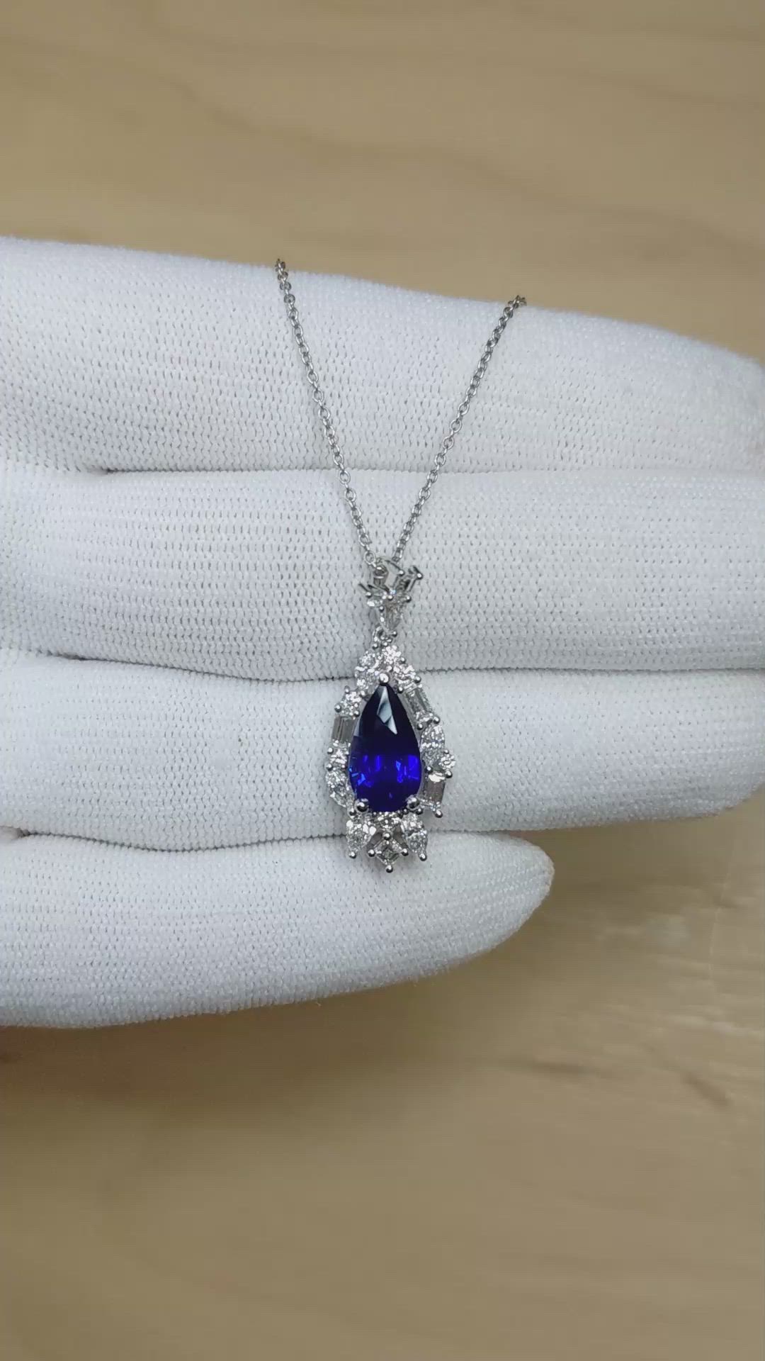 2.62 Ct. Blue Sapphire and Natural Diamond Halo Pendant, Platinum 950 Size Video