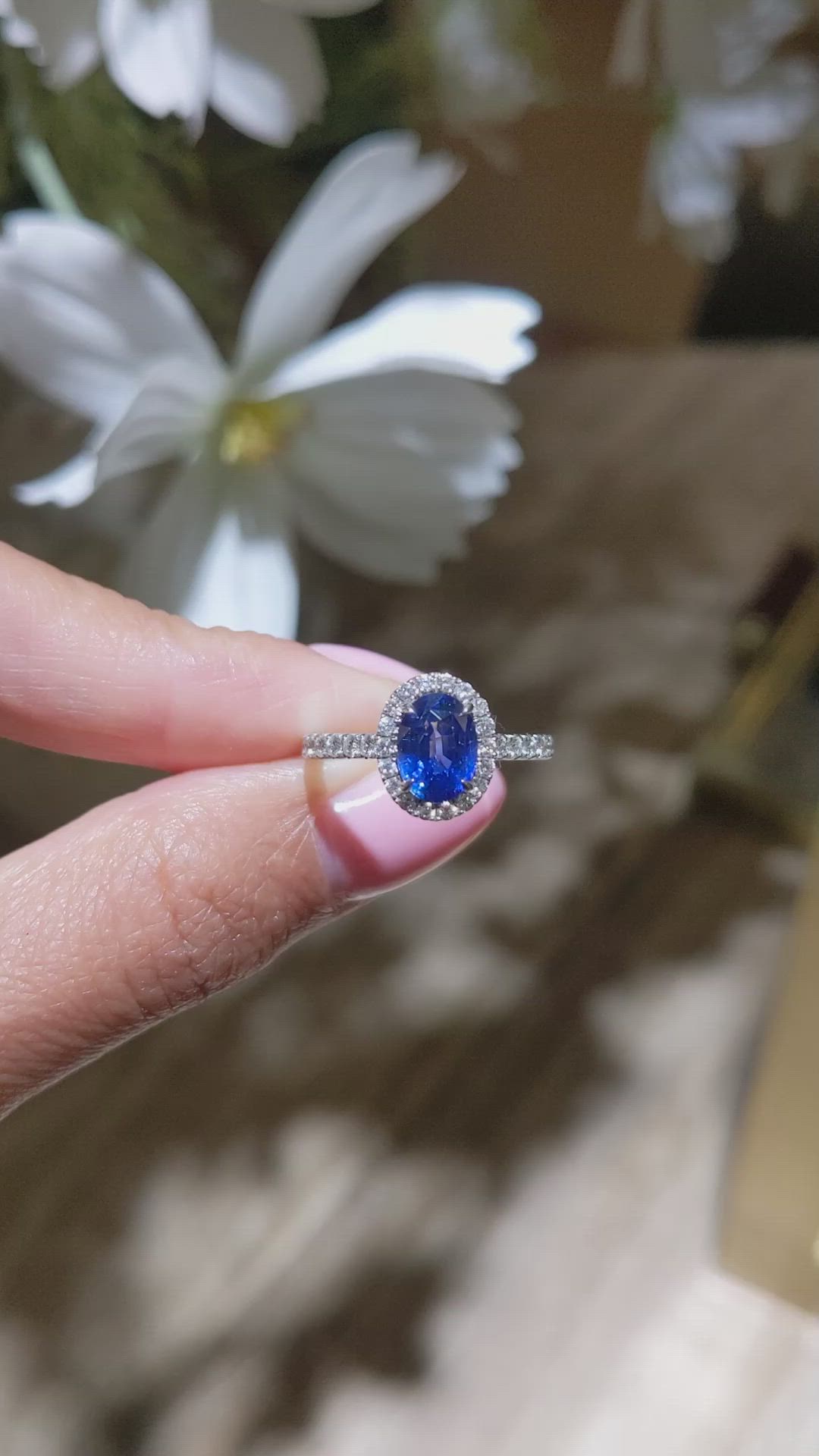 2.06 Ct. Blue Sapphire and Natural Diamond Pave Ring, 18K White Gold Size Video