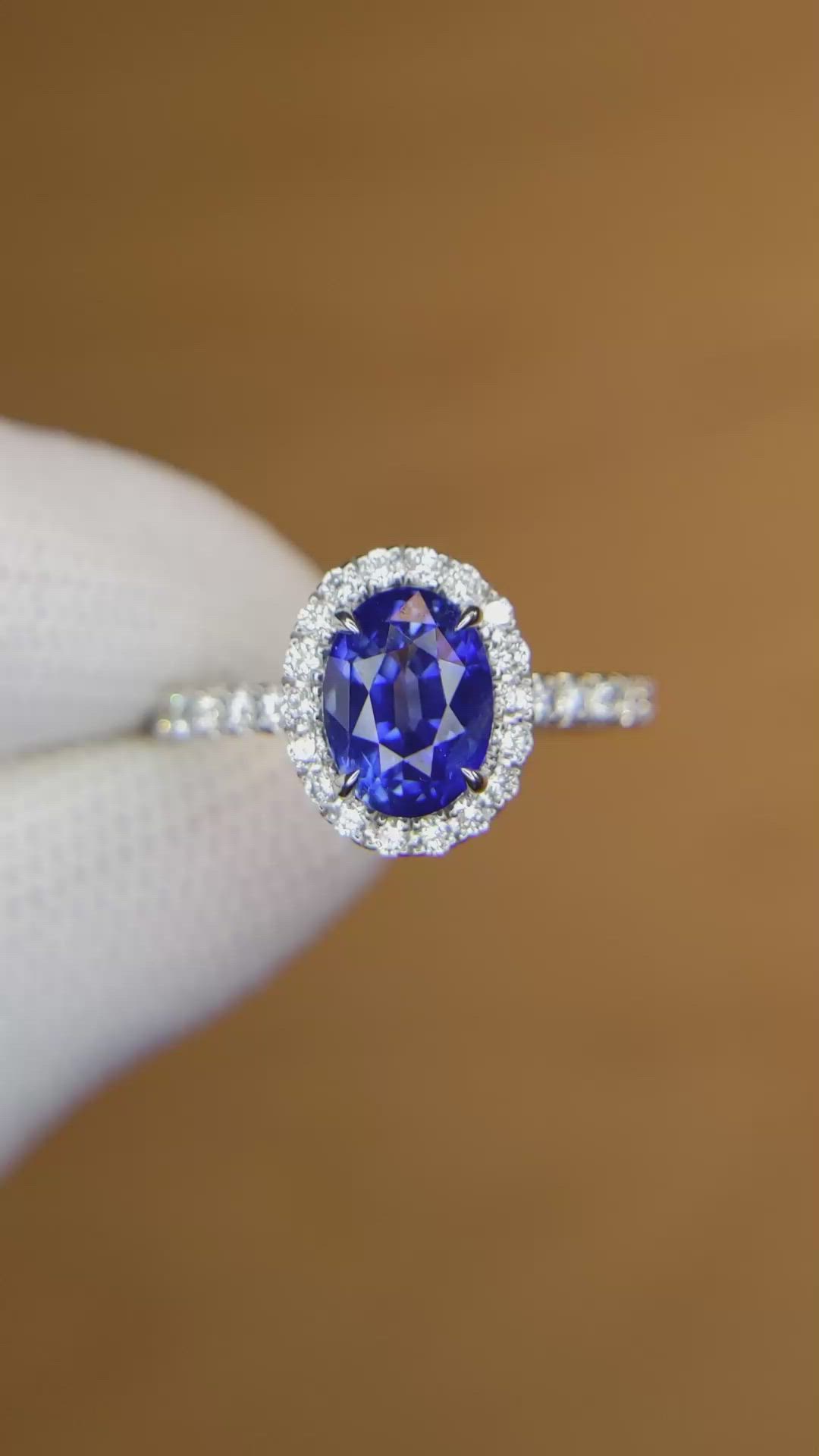 2.06 Ct. Blue Sapphire and Natural Diamond Pave Ring, 18K White Gold Size Video