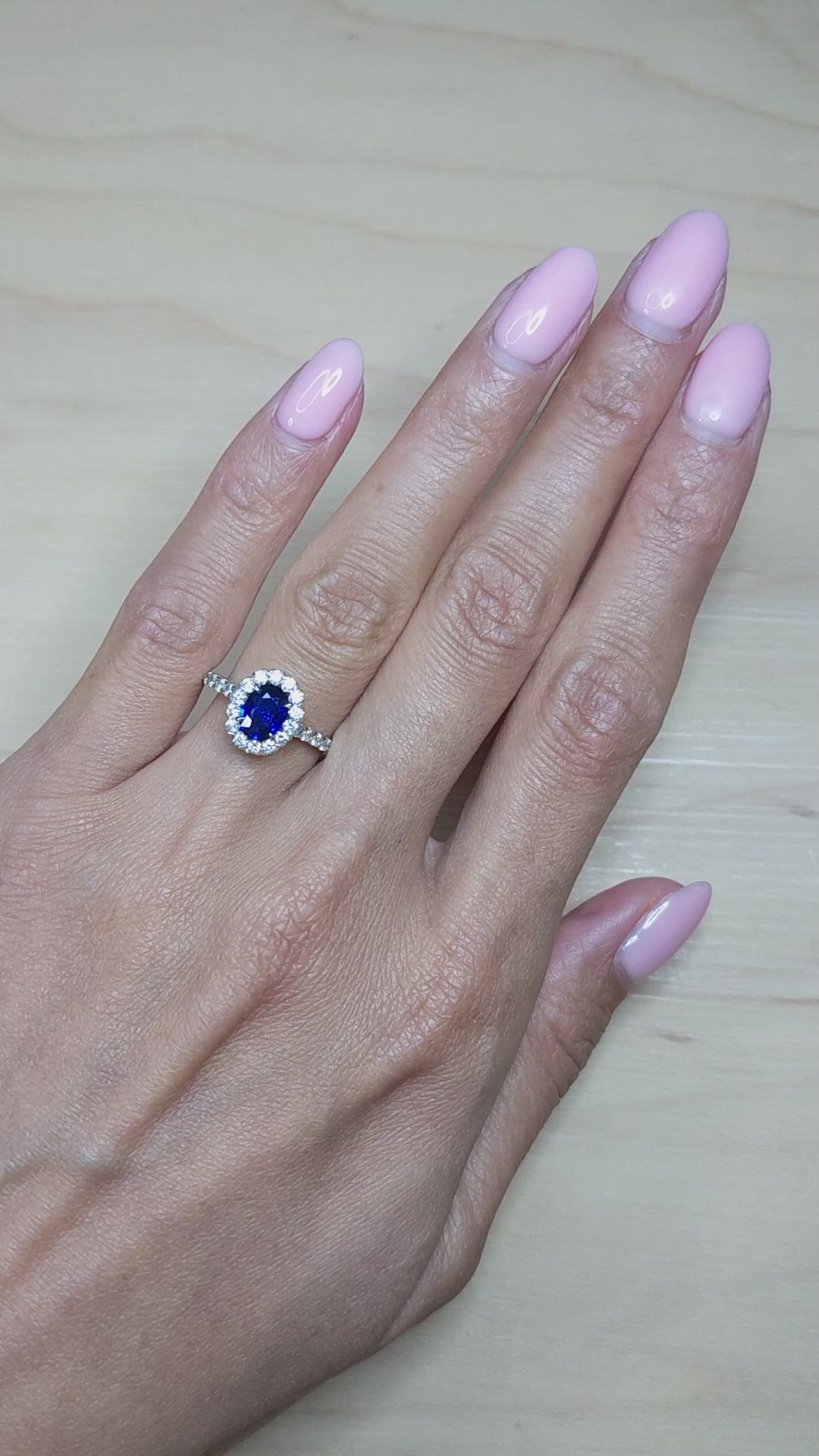 0.87 Ct. Blue Sapphire and Natural Diamond Pave Ring, 18K White Gold Size Video
