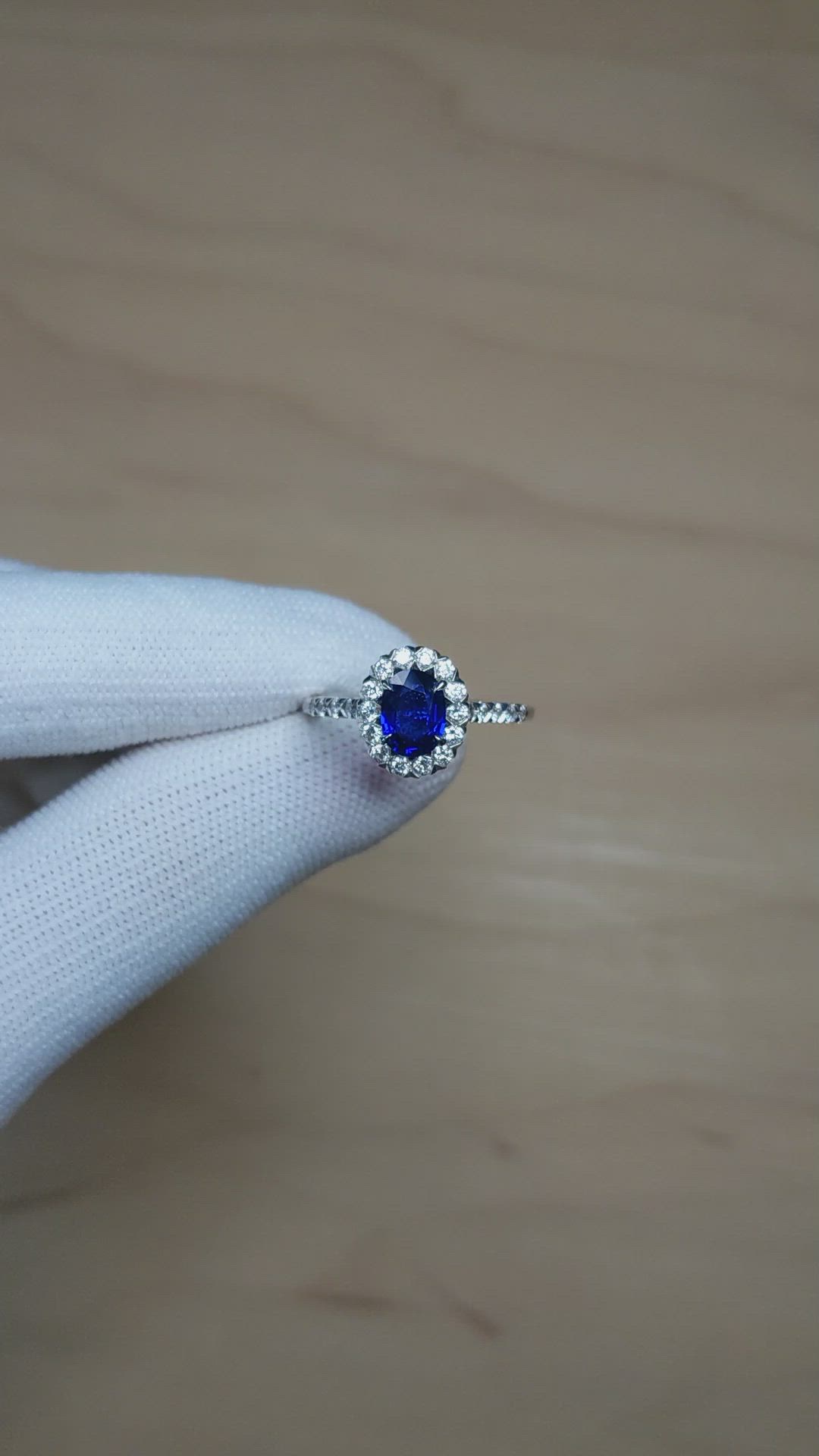 0.87 Ct. Blue Sapphire and Natural Diamond Pave Ring, 18K White Gold Size Video