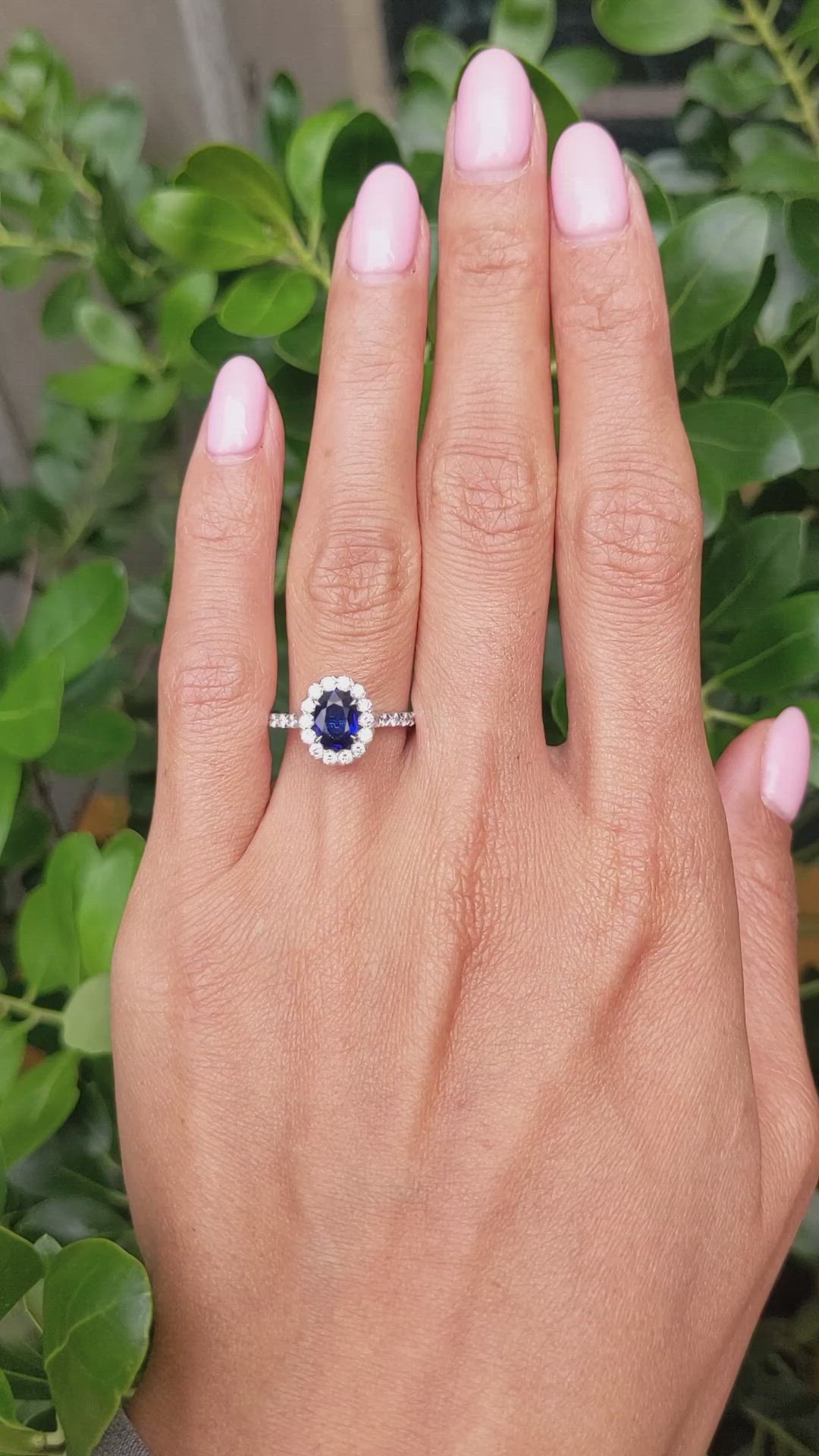 0.87 Ct. Blue Sapphire and Natural Diamond Pave Ring, 18K White Gold Size Video
